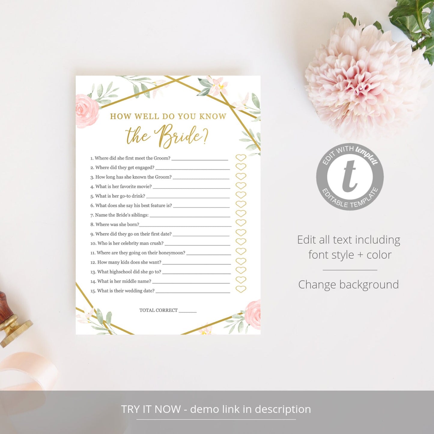 Editable How Well Do You Know the Bride Bridal Shower Games Wedding Games Template