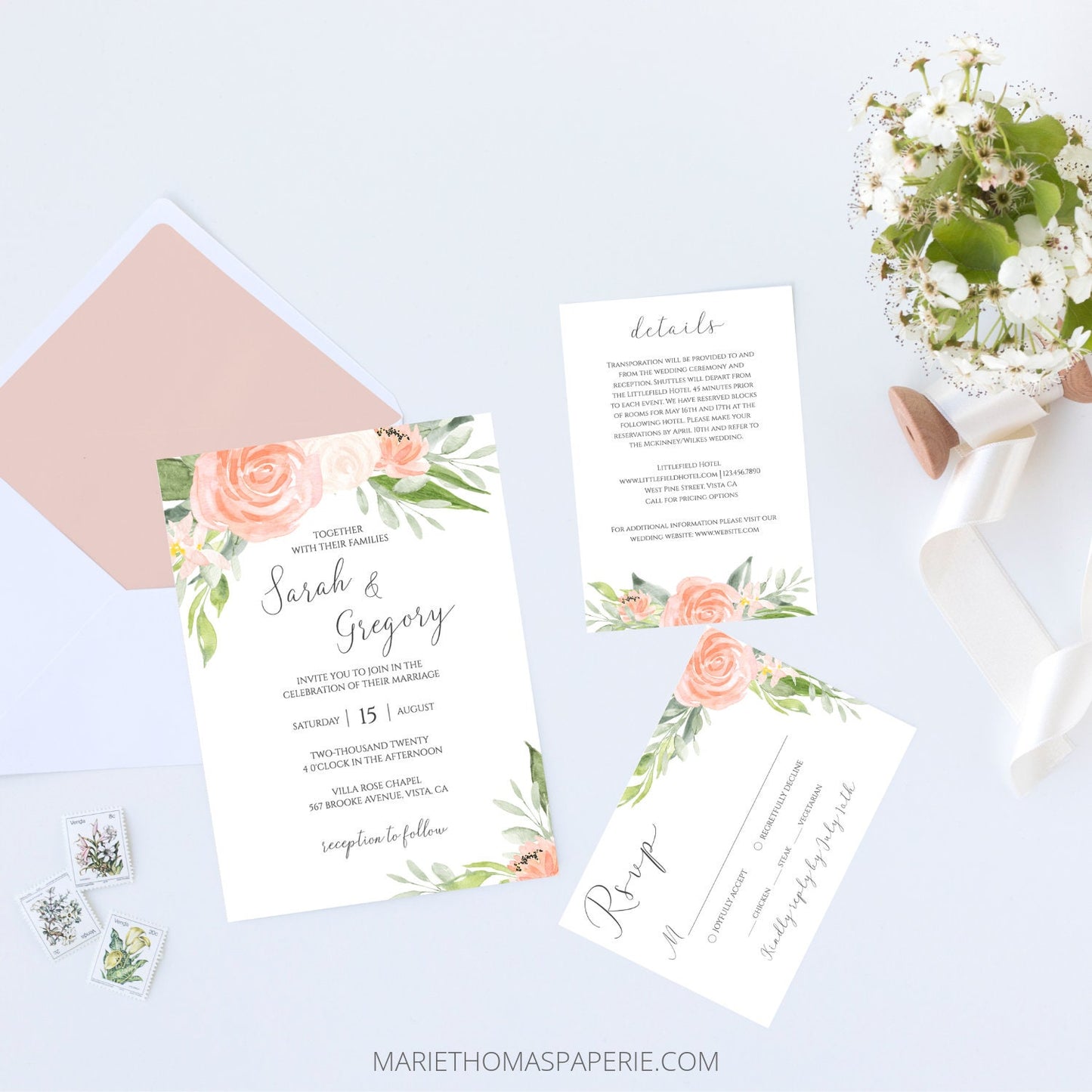 Editable Wedding Invitation Peach Floral Wedding Invitation Set Wedding Suite Template