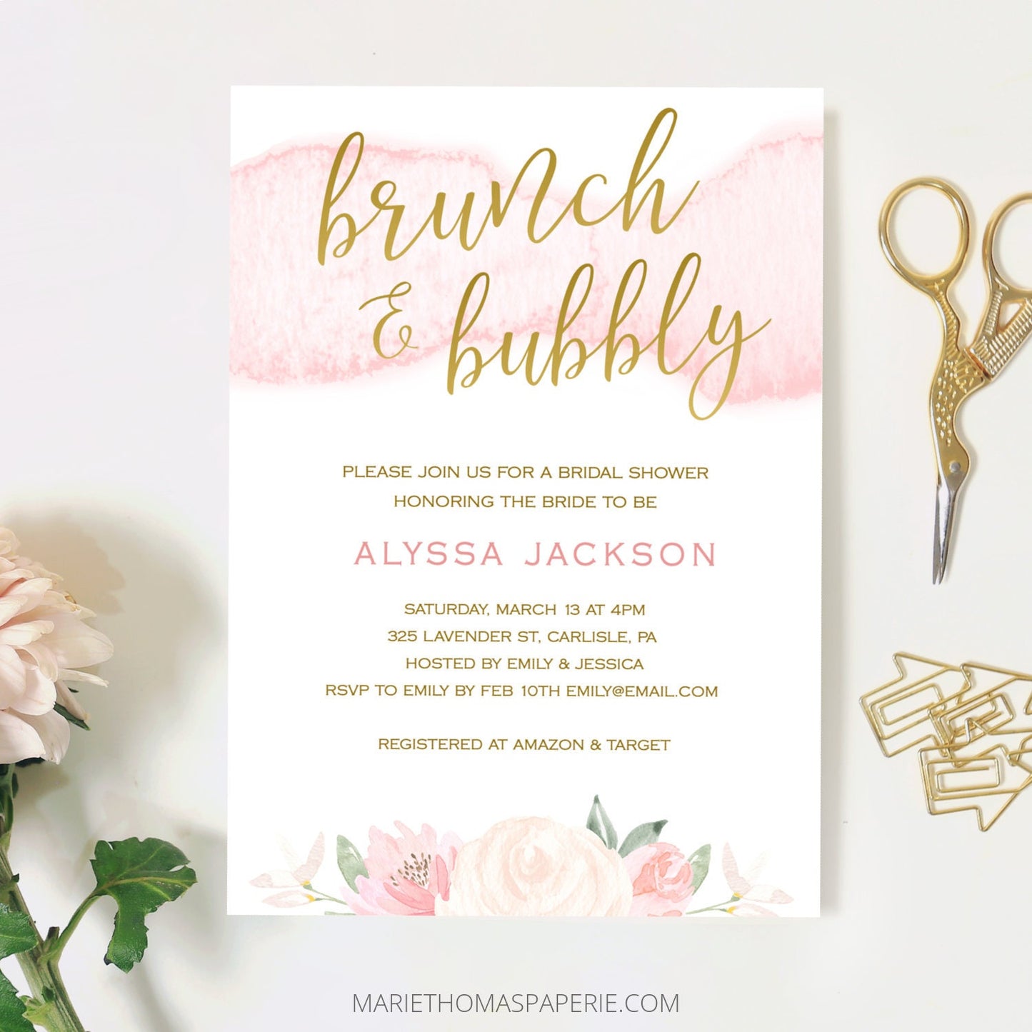 Editable Brunch and Bubbly Bridal Shower Invitation Blush Pink & Gold Watercolor Bridal Shower Invite Template