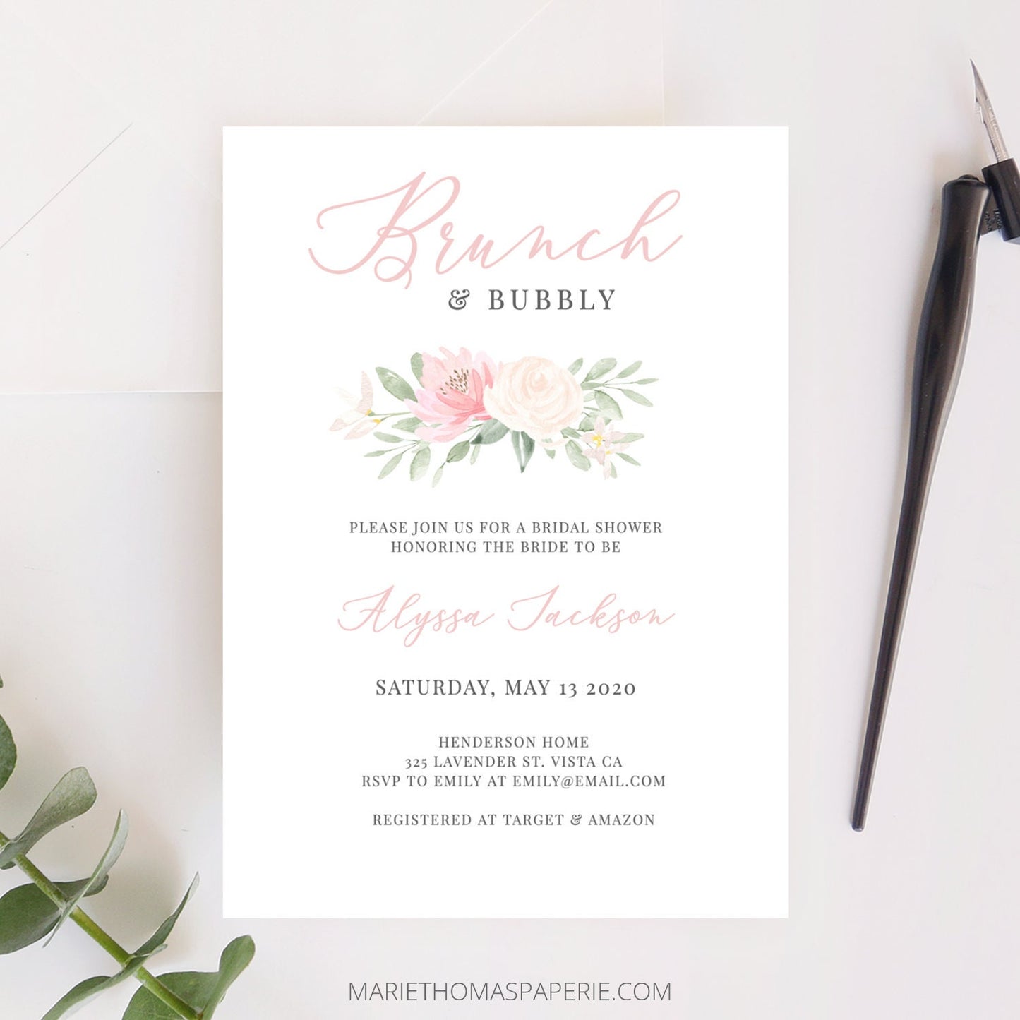 Editable Brunch and Bubbly Bridal Shower Invitation Blush Pink Floral Boho Bridal Shower Invite Template