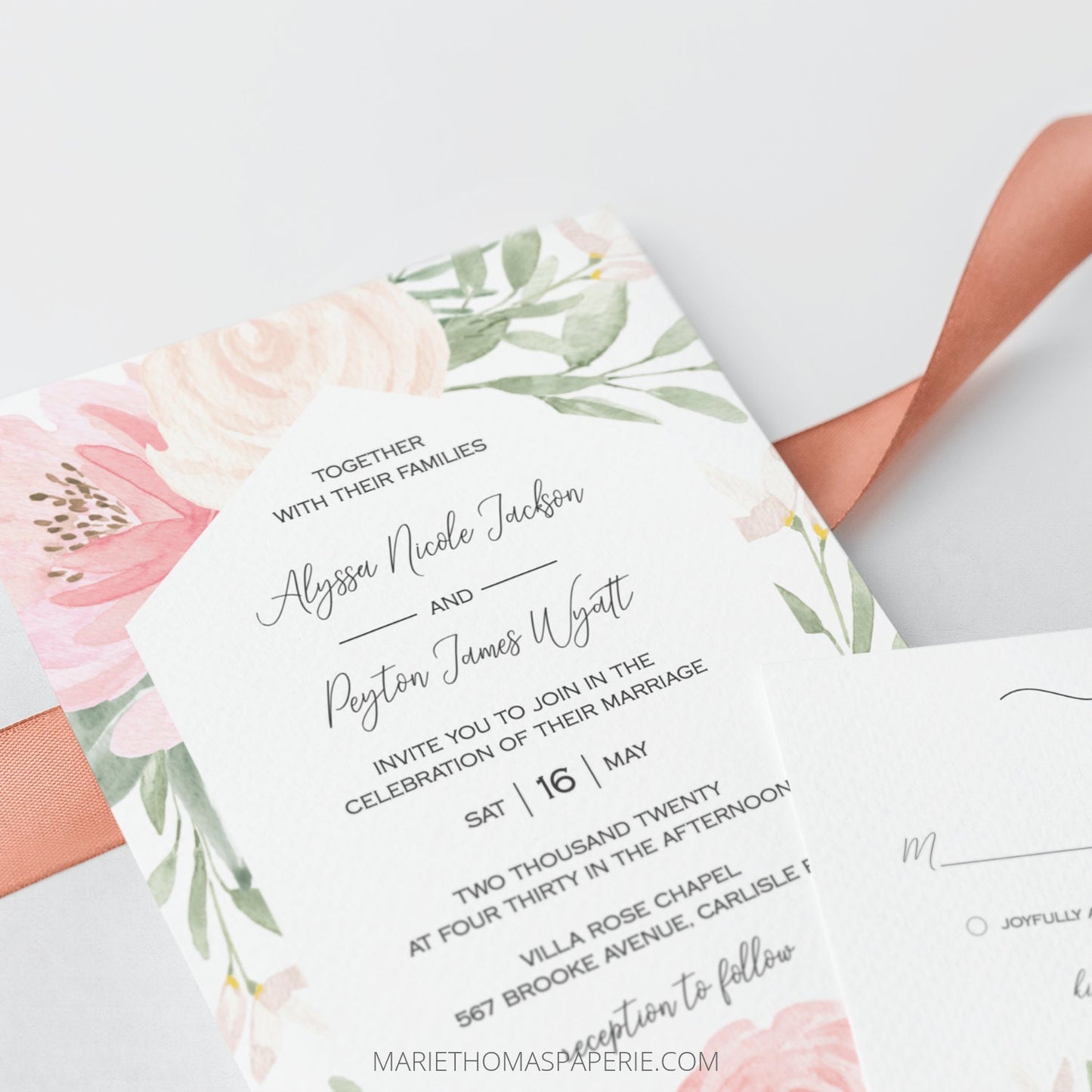 Editable Wedding Invitation Blush Pink Floral Wedding Invitation Set Wedding Suite Template