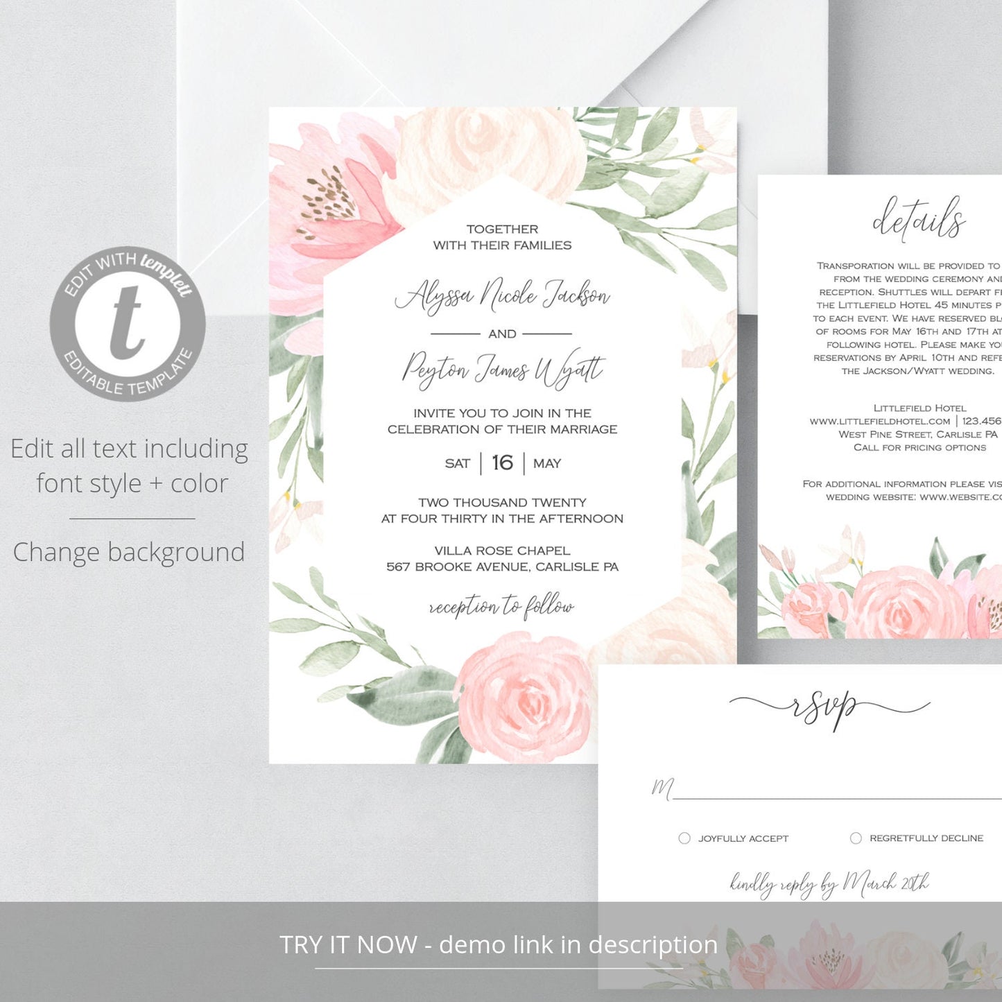 Editable Wedding Invitation Blush Pink Floral Wedding Invitation Set Wedding Suite Template