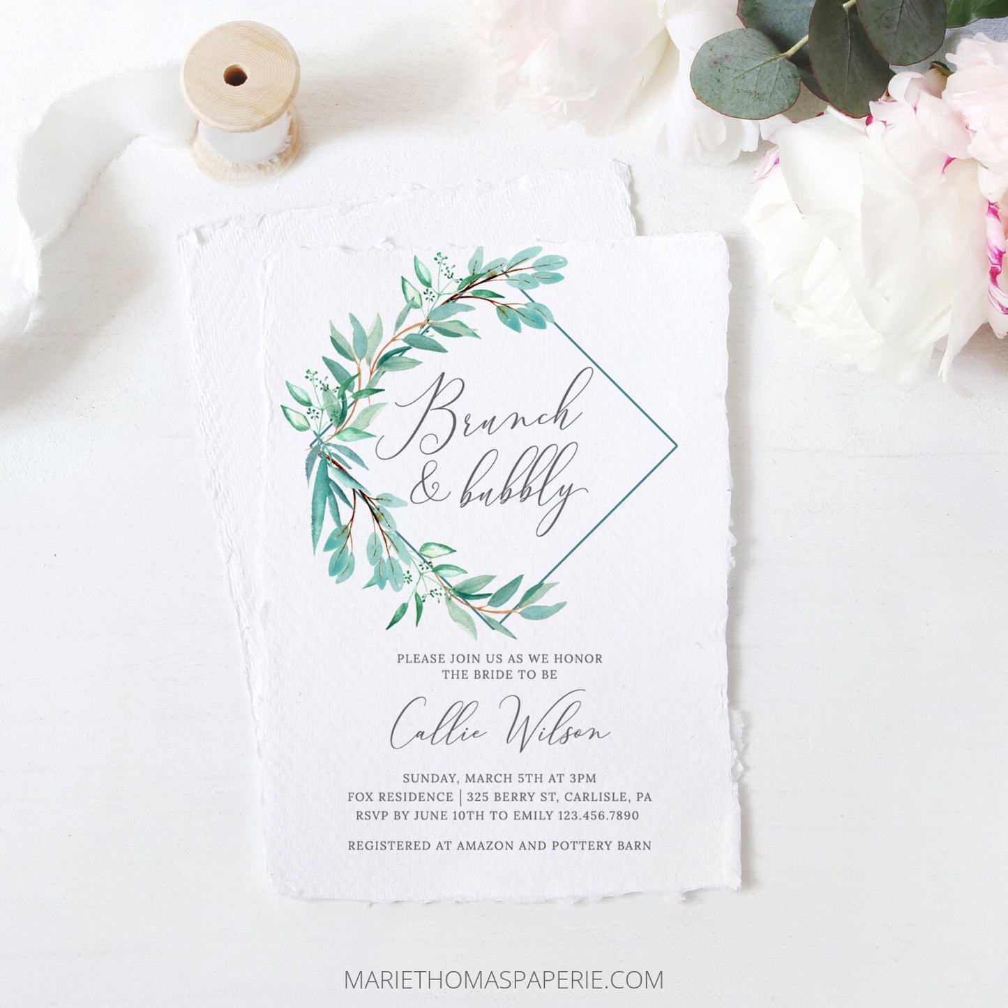 Editable Brunch and Bubbly Bridal Shower Invitation Eucalyptus Greenery Wreath Bridal Shower Invite Template