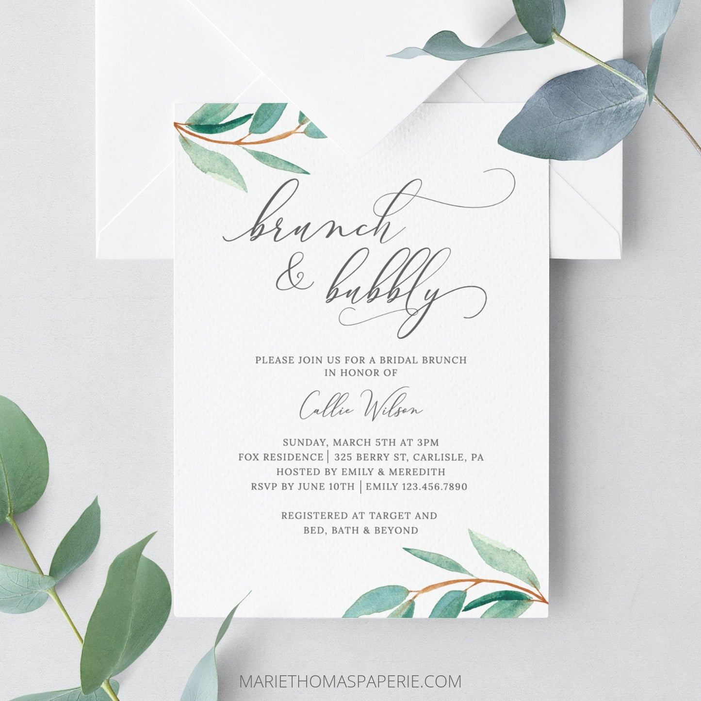 Editable Brunch and Bubbly Bridal Shower Invitation Eucalyptus Greenery & Script Bridal Shower Invite Template