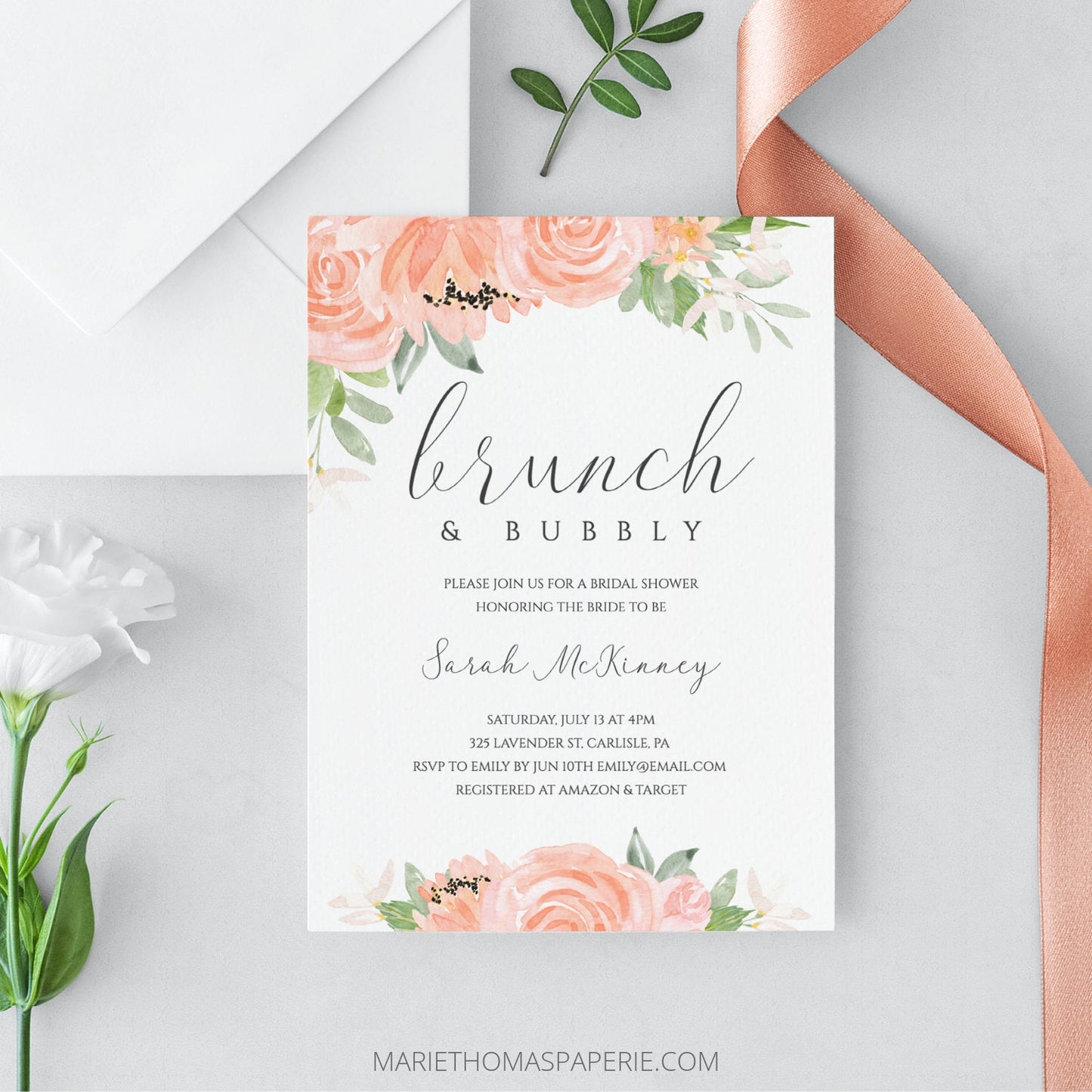 Editable Brunch and Bubbly Bridal Shower Invitation Peach Floral Bridal Shower Invite Template
