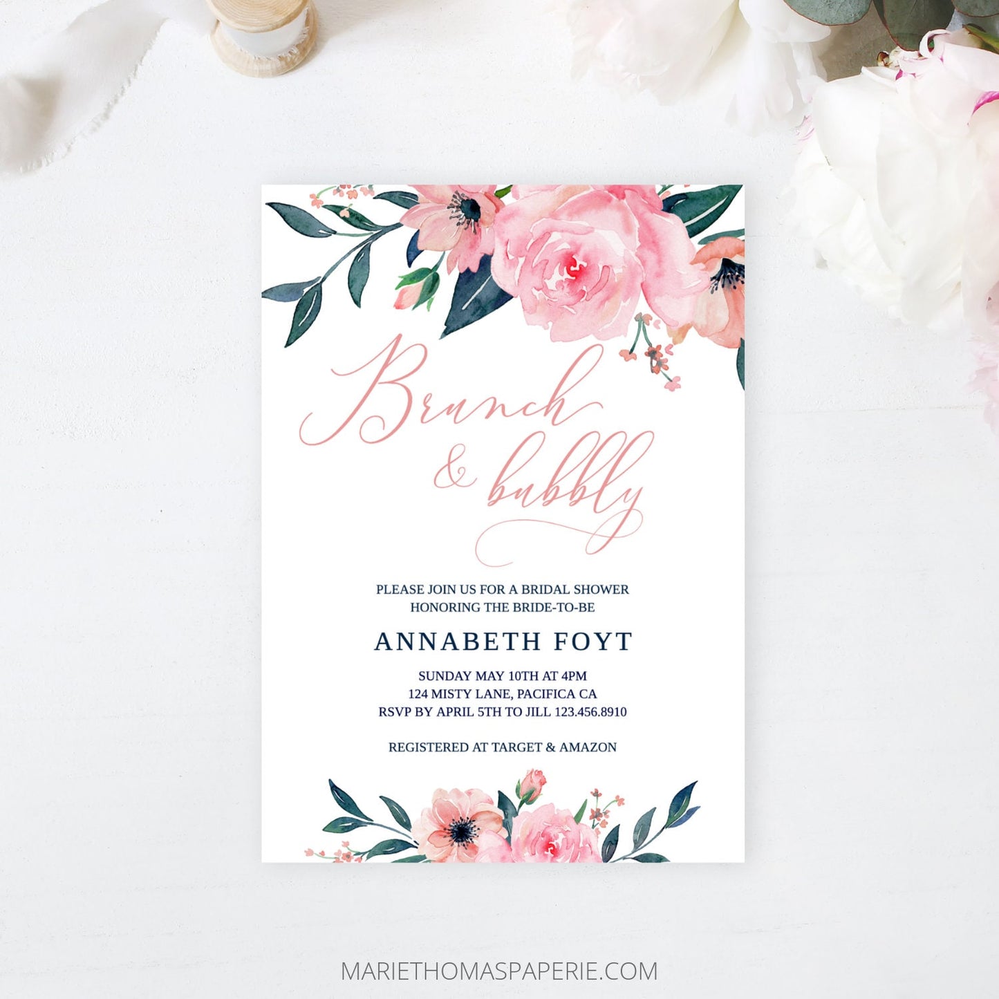 Editable Brunch and Bubbly Bridal Shower Invitation Pink & Navy Floral Boho Bridal Shower Invite Template