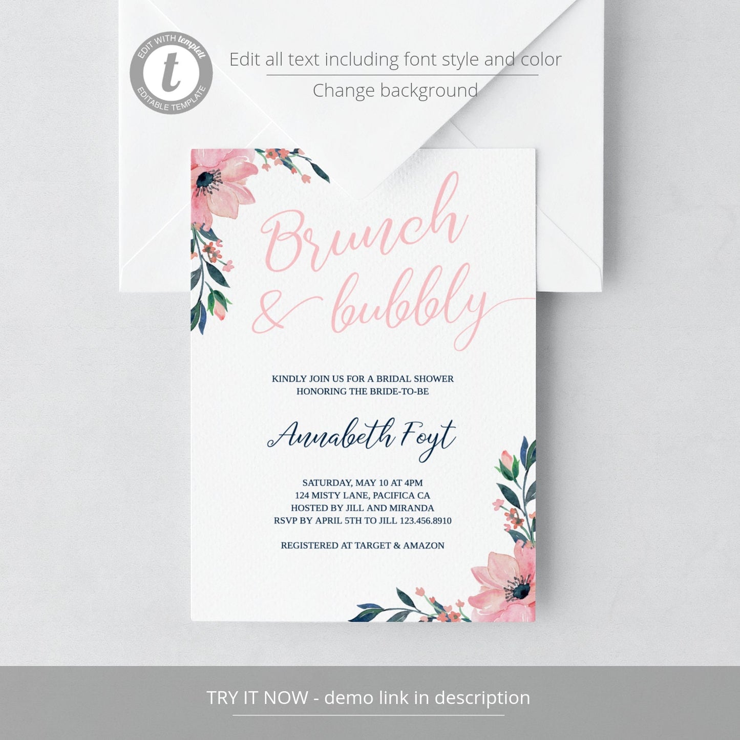 Editable Brunch and Bubbly Bridal Shower Invitation Pink Blush Floral Boho Bridal Shower Invite Template
