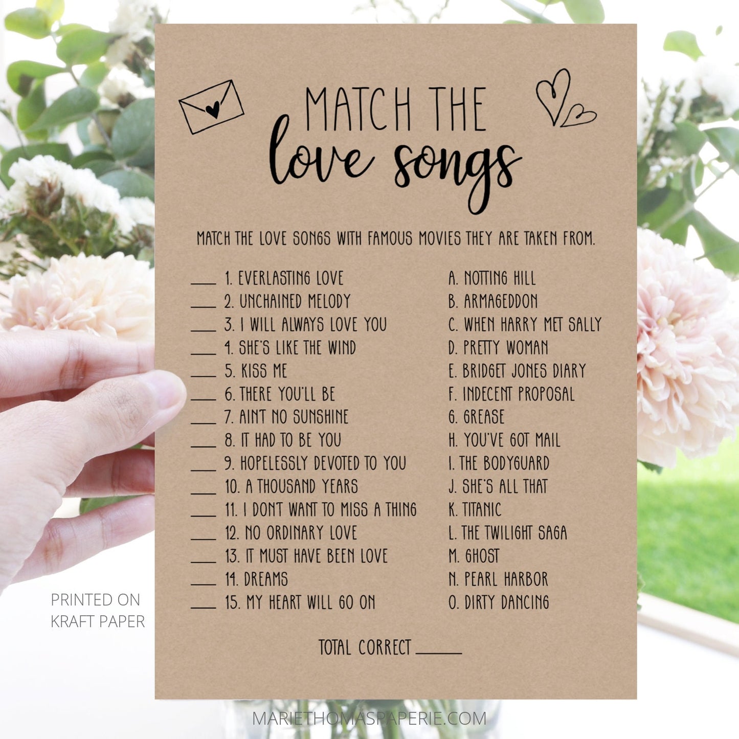 Editable Match the Love Songs Bridal Shower Games Rustic Kraft Paper Template