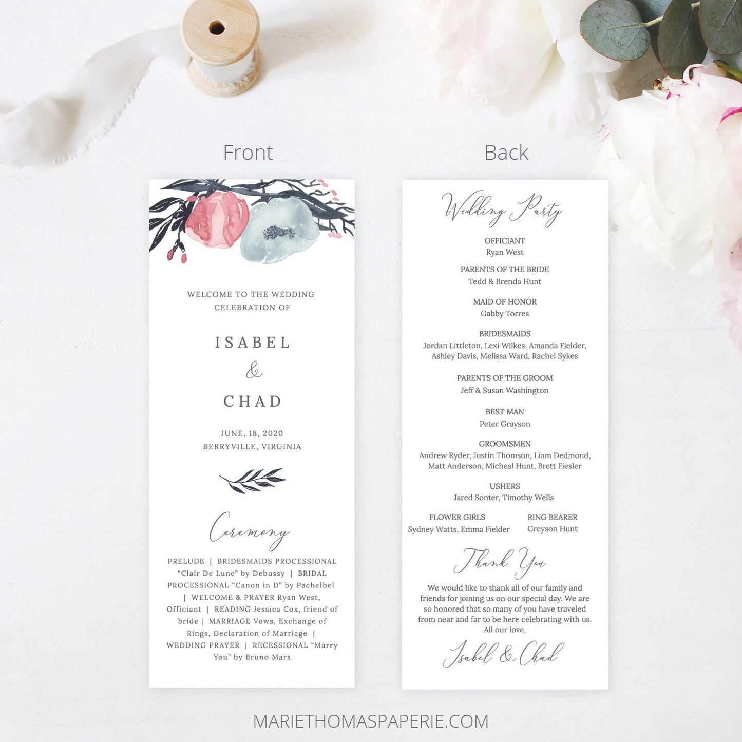 Editable Wedding Program Pink Navy Floral Wedding Ceremony Program Flat Wedding Program Template