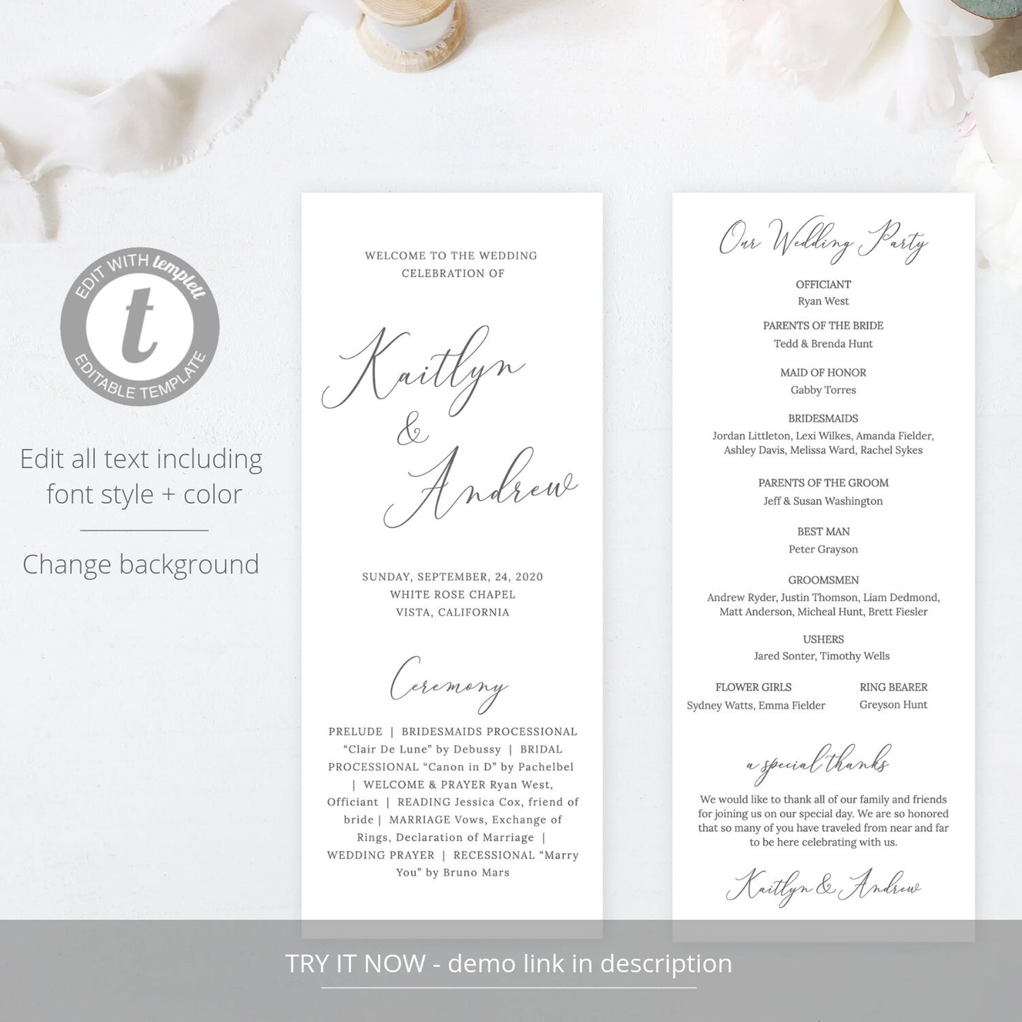 Editable Wedding Program Modern Minimalist Wedding Ceremony Program Flat Wedding Program Template