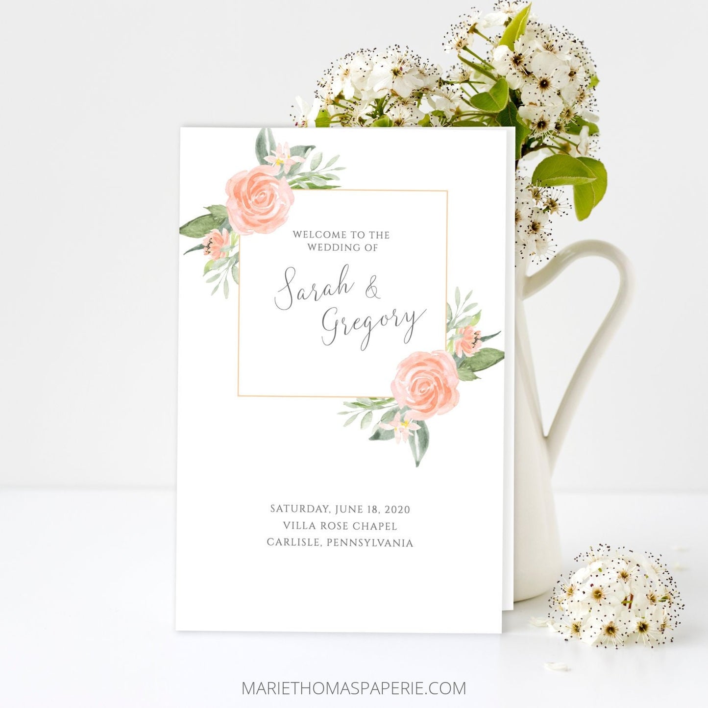 Editable Wedding Program Peach Floral Wedding Ceremony Program Folded Program Template