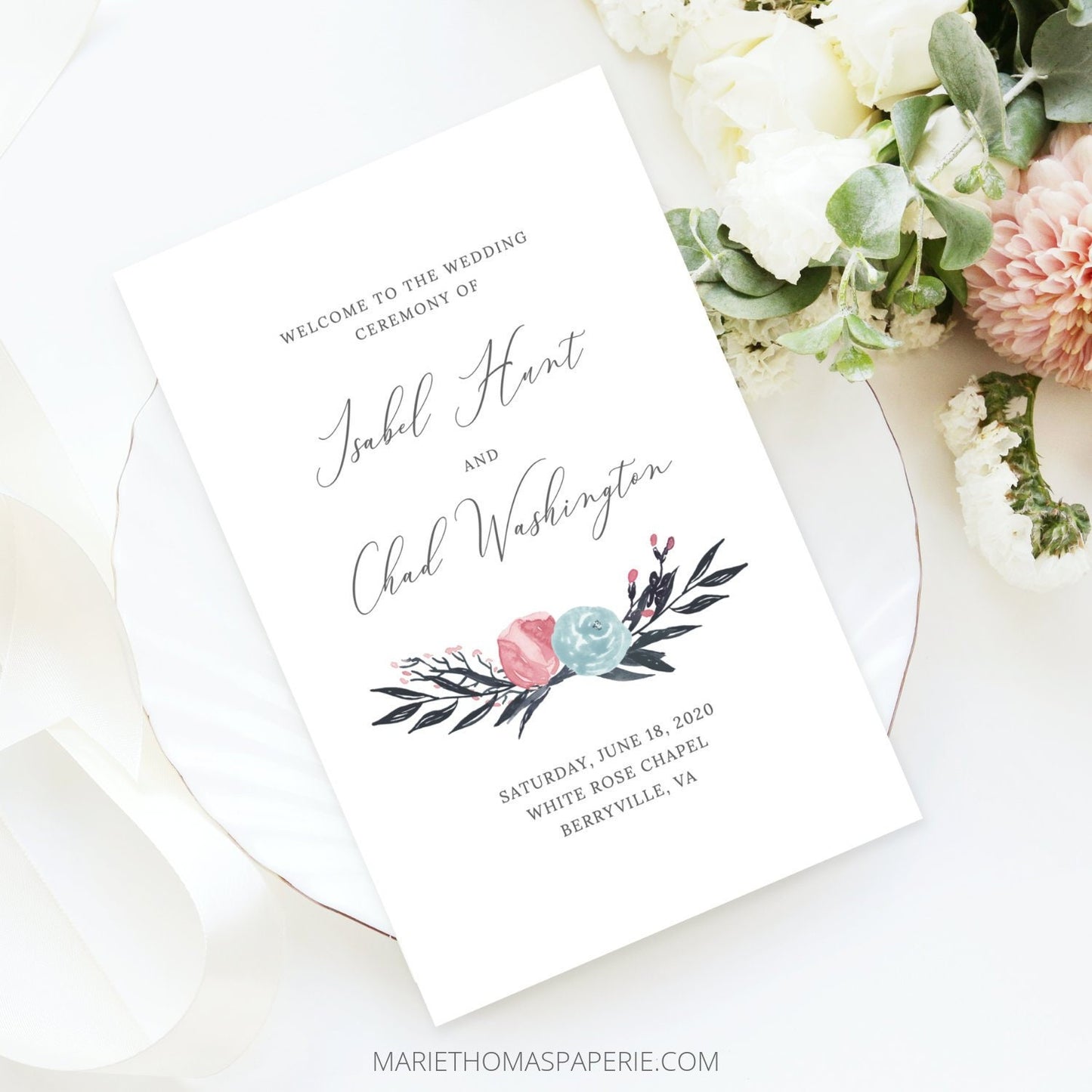 Editable Wedding Program Navy & Pink Floral Wedding Ceremony Program Folded Program Template