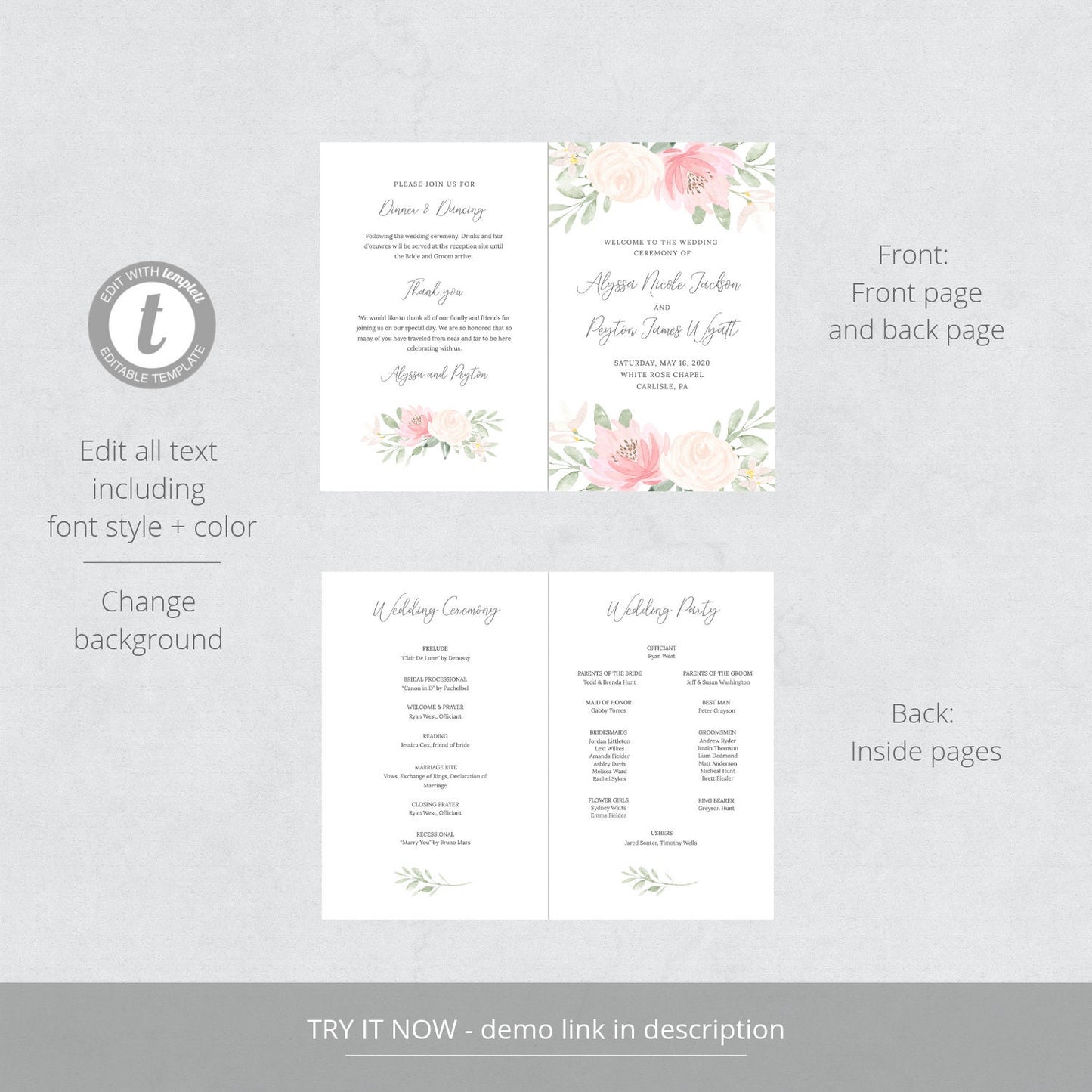 Editable Wedding Program Blush Pink Floral Wedding Ceremony Program Folded Program Template