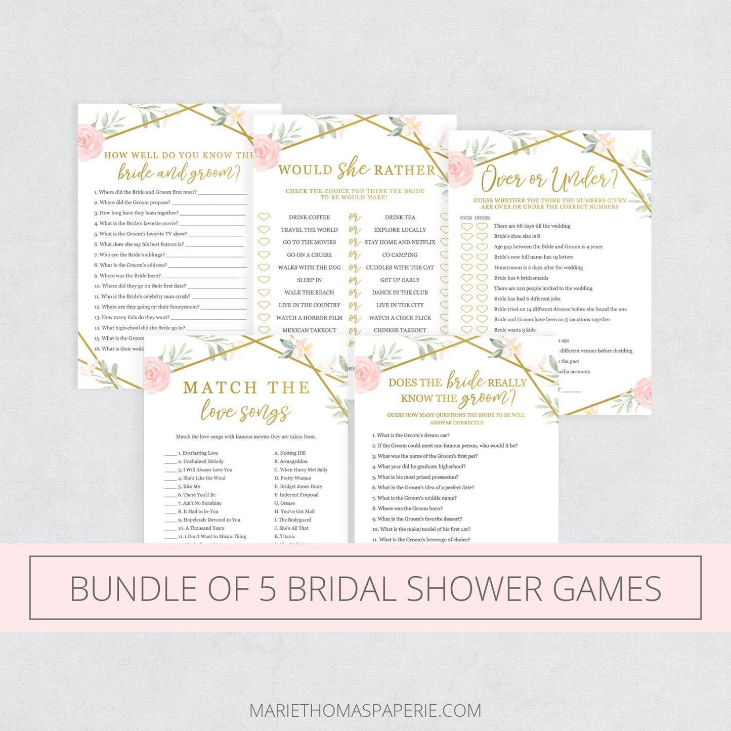 Editable Bridal Shower Games Bundle Bridal Shower Games Bundle of 5 Games Geometric Template