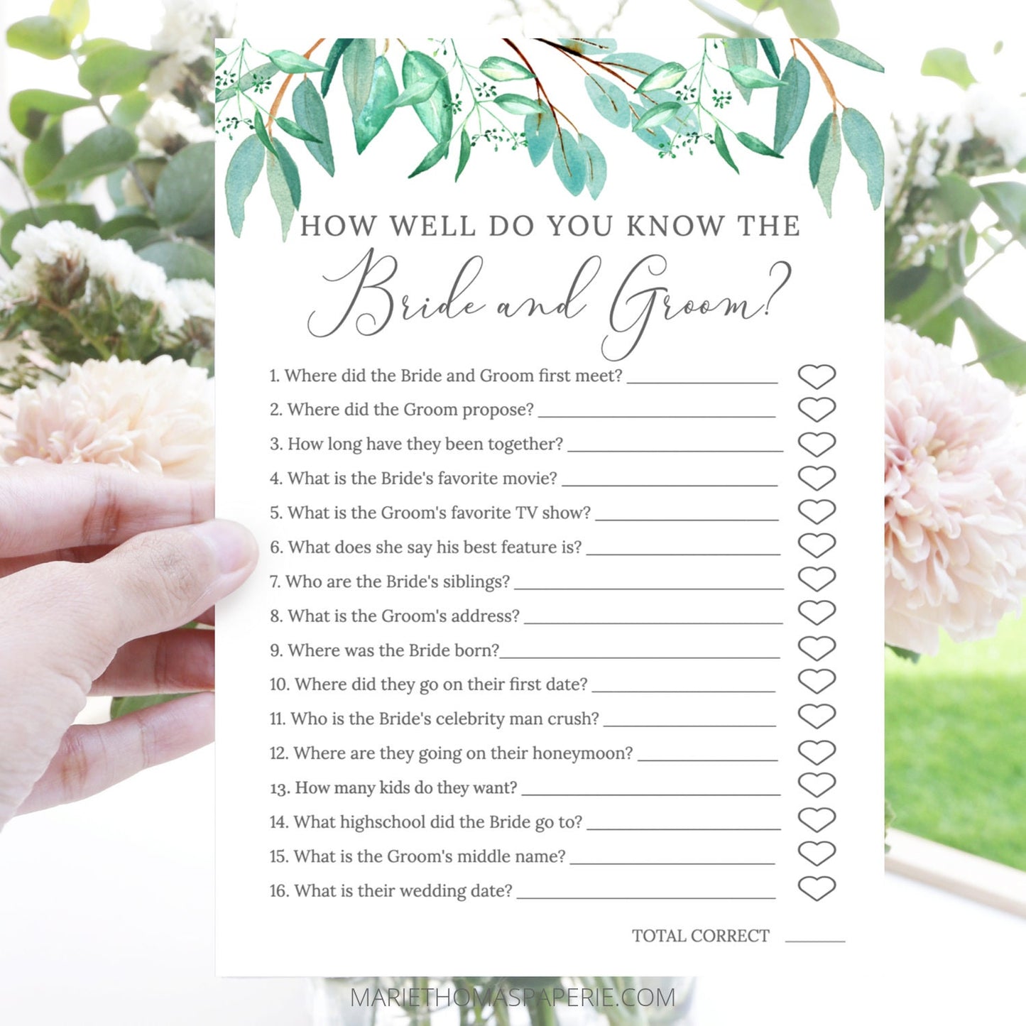 Editable How Well Do You Know the Bride and Groom Bridal Shower Games Wedding Games Greenery Template