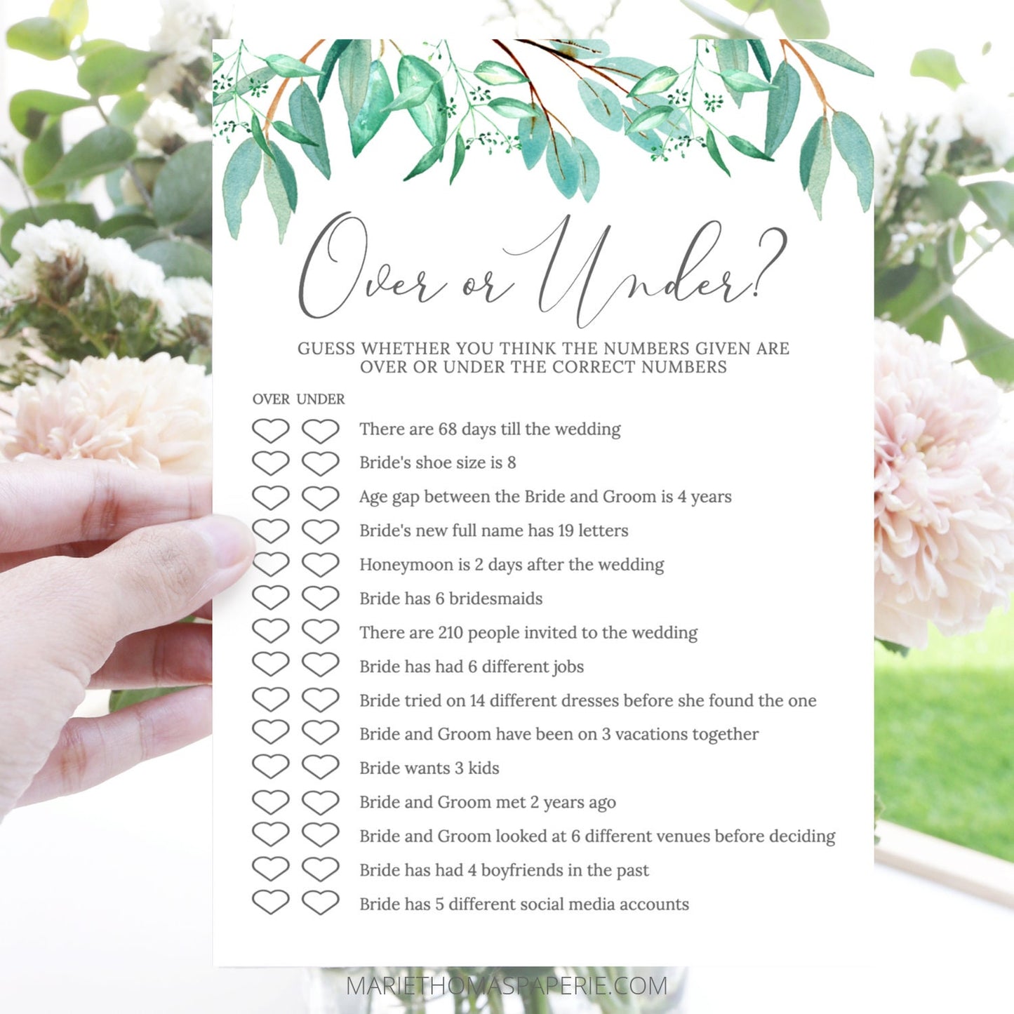 Editable Over or Under Game Bridal Shower Games Wedding Games Greenery Template