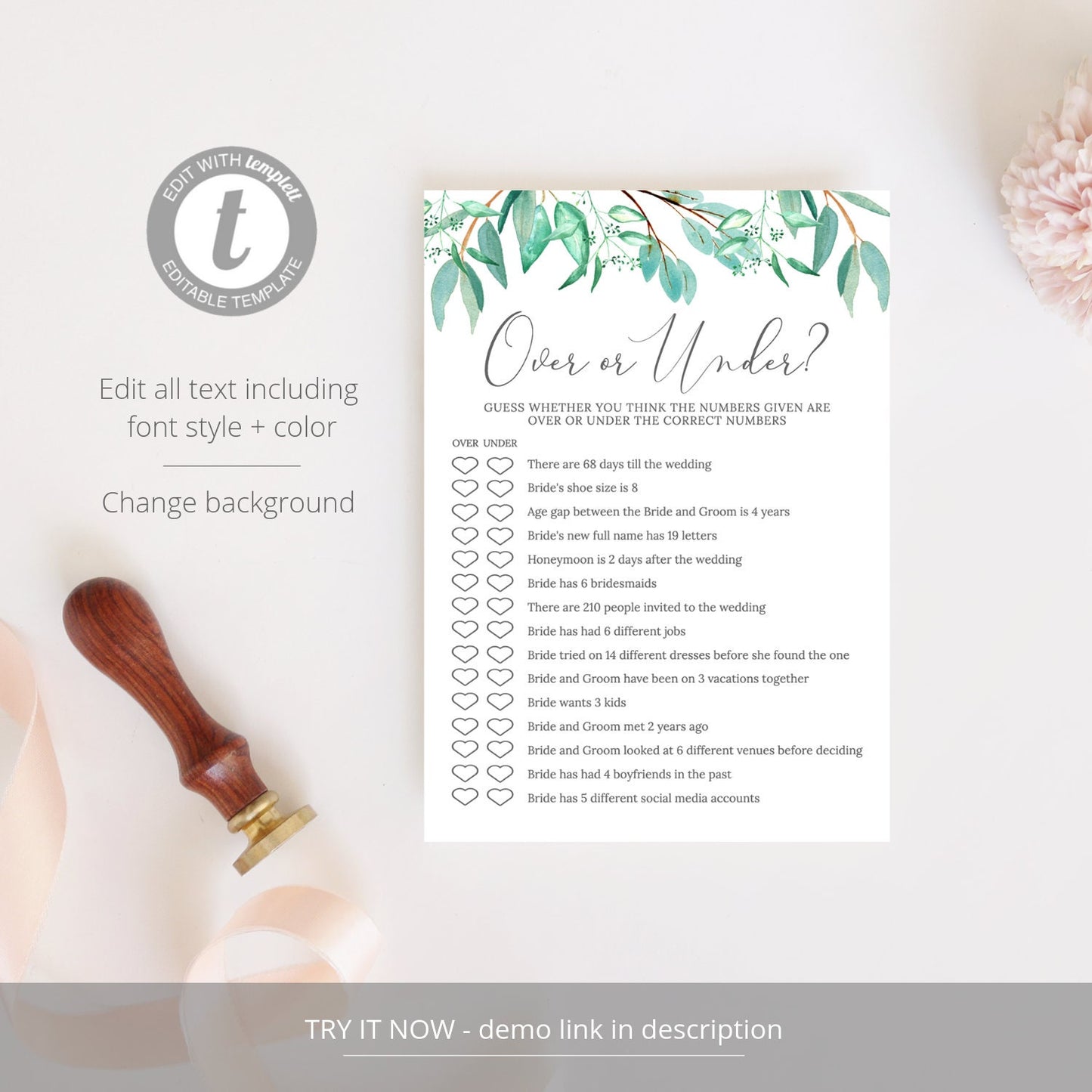 Editable Over or Under Game Bridal Shower Games Wedding Games Greenery Template