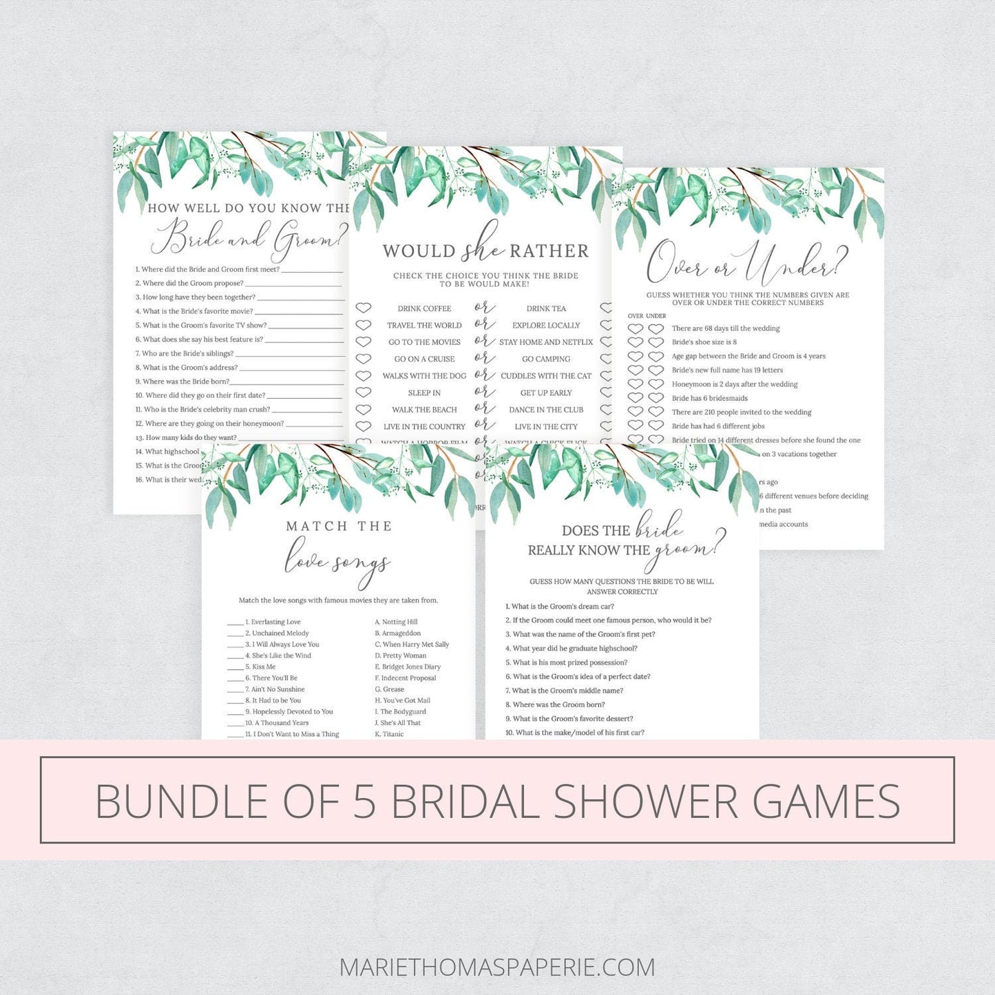 Editable Bridal Shower Games Bundle Bridal Shower Games Bundle of 5 Greenery Template