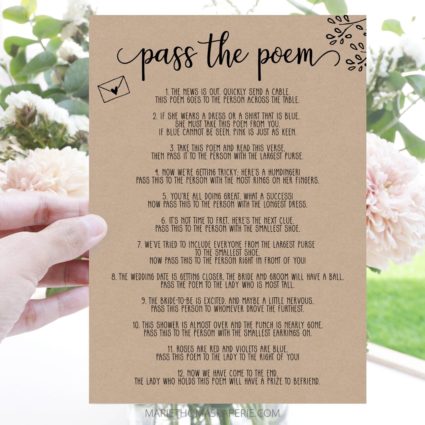 Editable Pass the Poem Bridal Shower Games Rustic Kraft Paper Bridal Shower Ideas Template