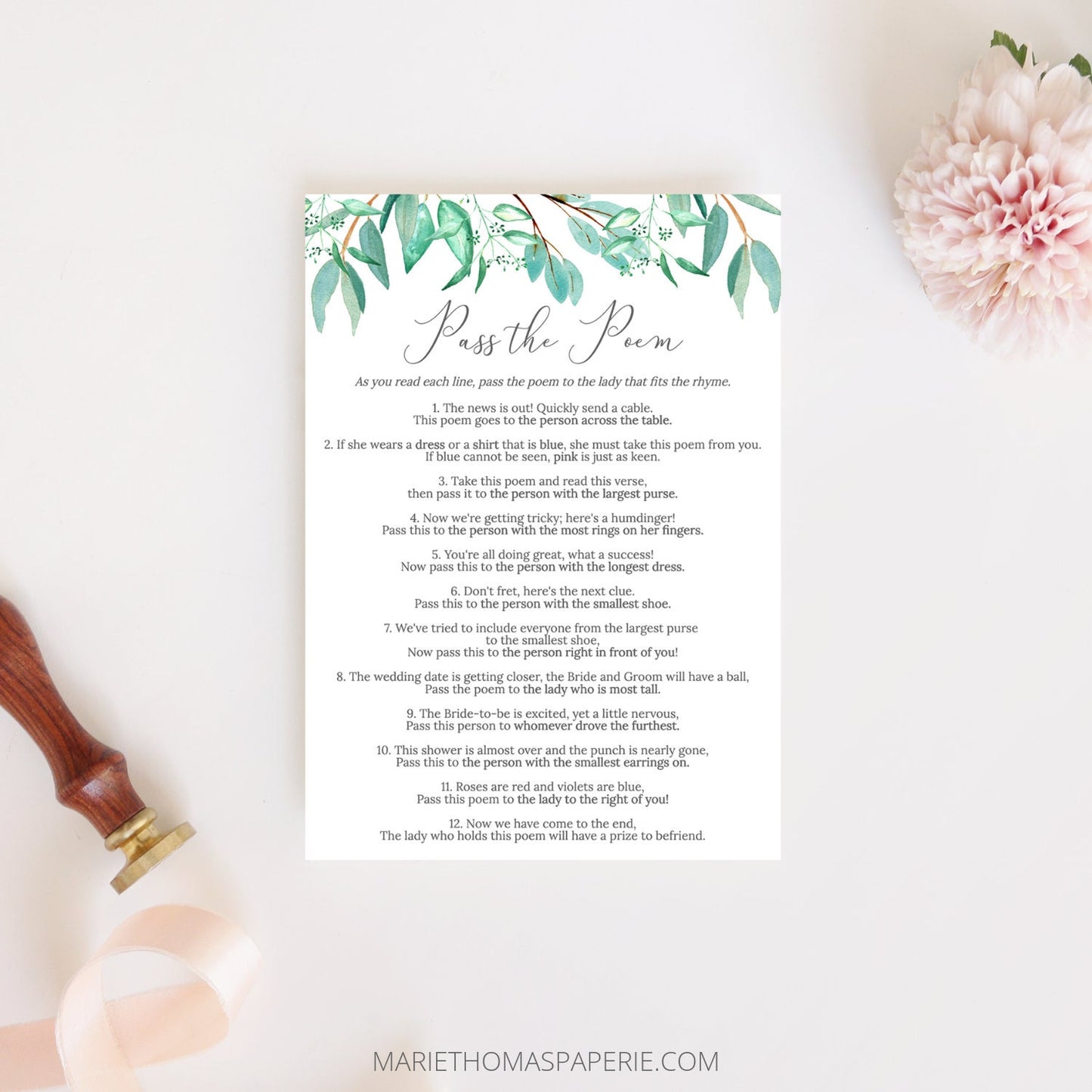 Editable Pass the Poem Bridal Shower Games Template