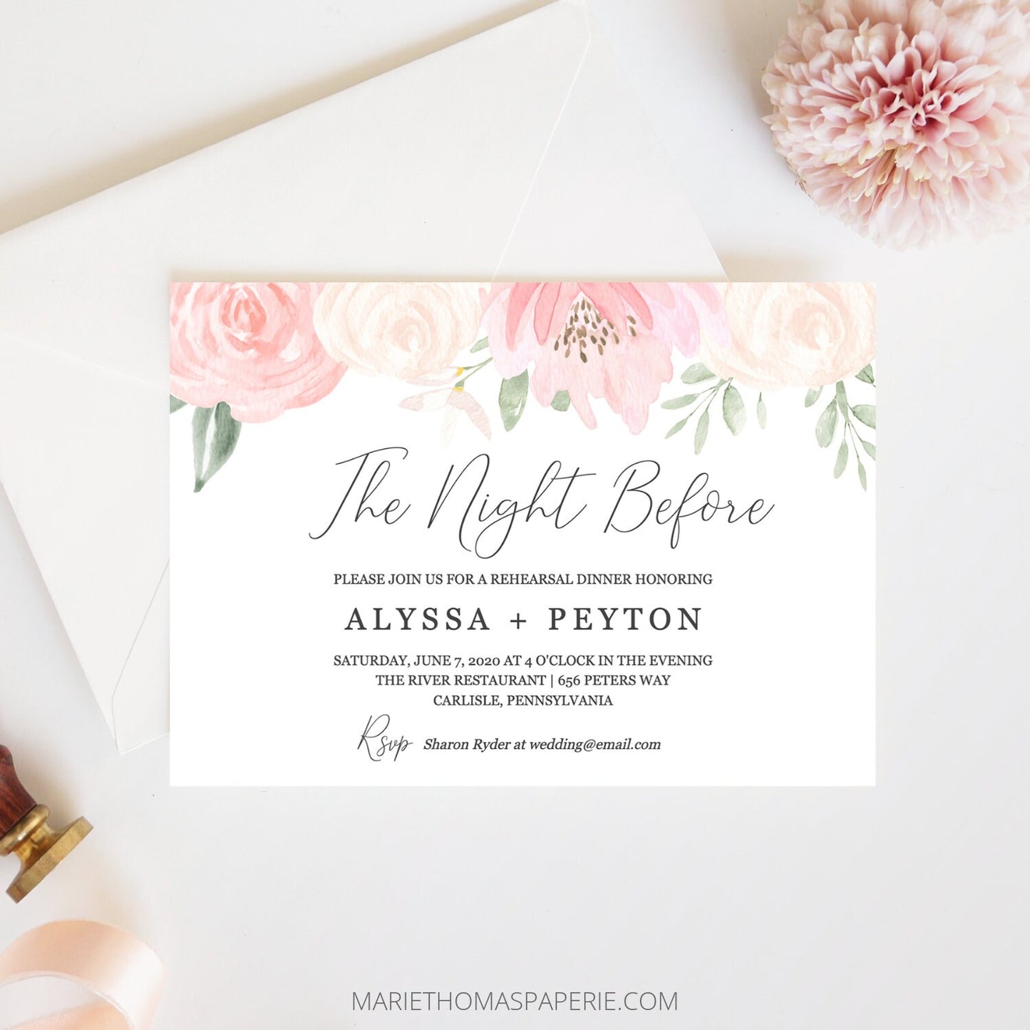 Editable Floral Rehearsal Dinner Invitation The Night Before Pink Blush Template