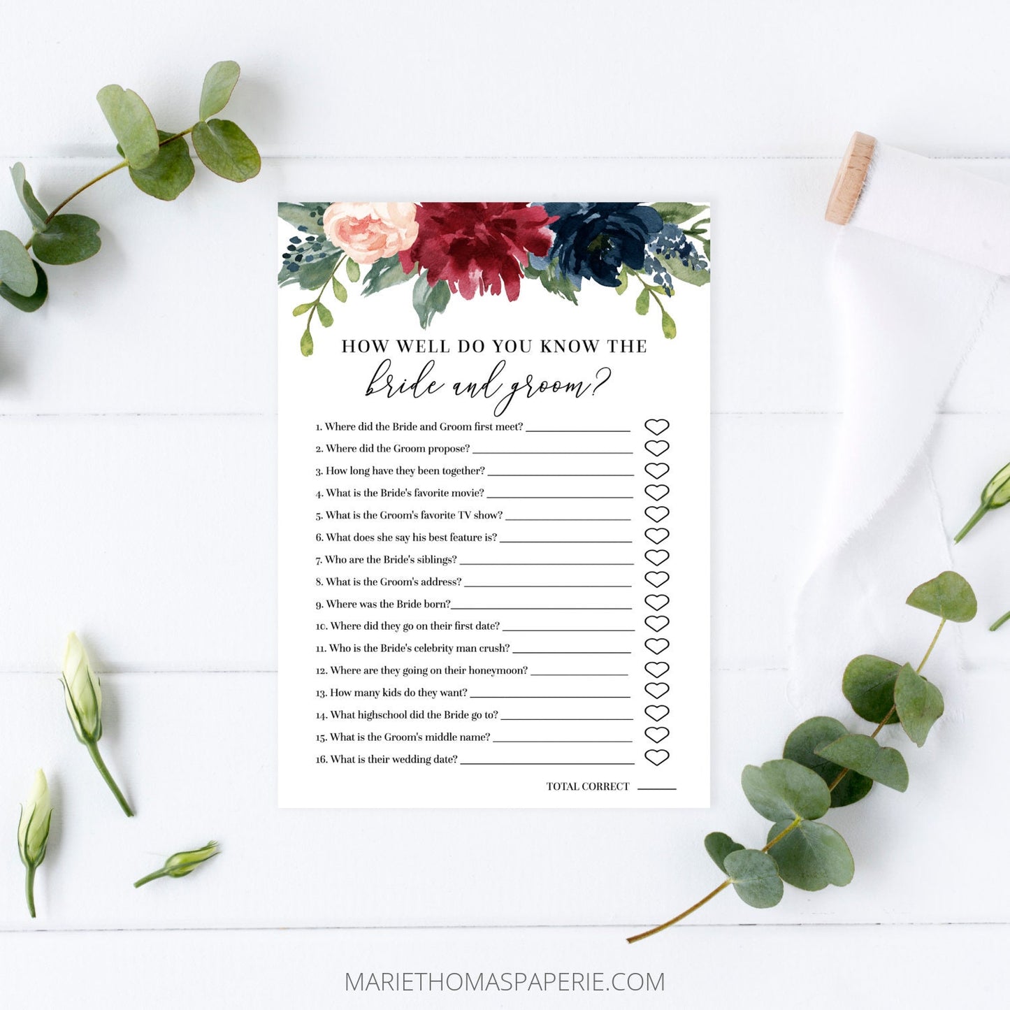 Editable How Well Do You Know the Bride and Groom Bridal Shower Games Burgundy Floral Template