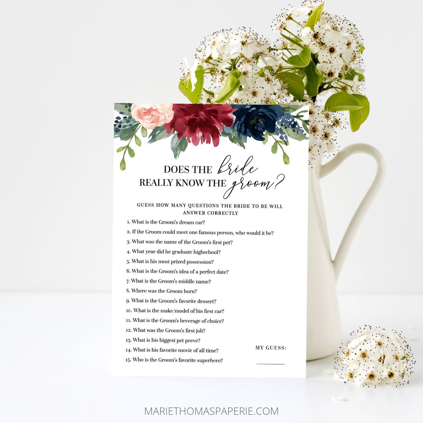 Editable Does the Bride Really Know the Groom Bridal Shower Games Burgundy Navy Floral Template