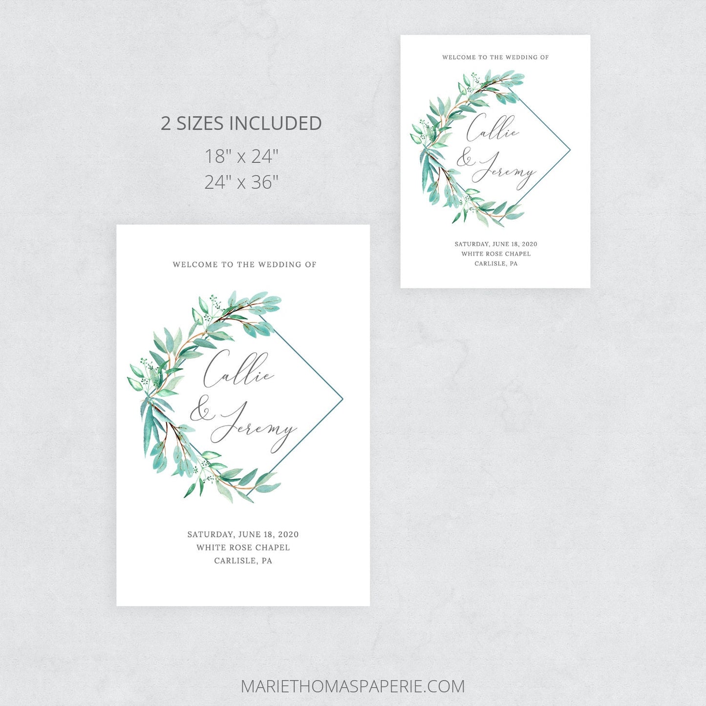 Editable Wreath Wedding Welcome Sign with Greenery Welcome to our Wedding Sign (18x24 24x36) Template