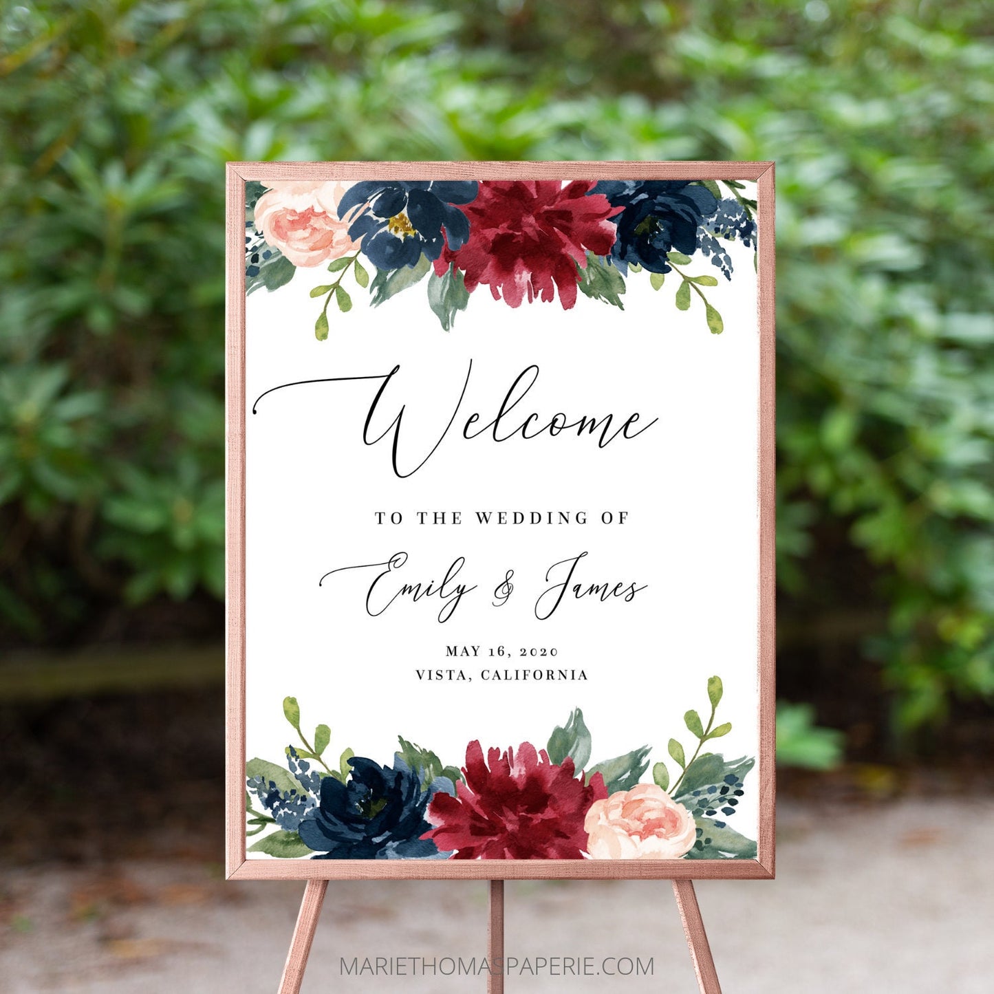 Editable Wedding Welcome Sign Welcome to our Wedding Sign Burgundy & Navy Floral Template