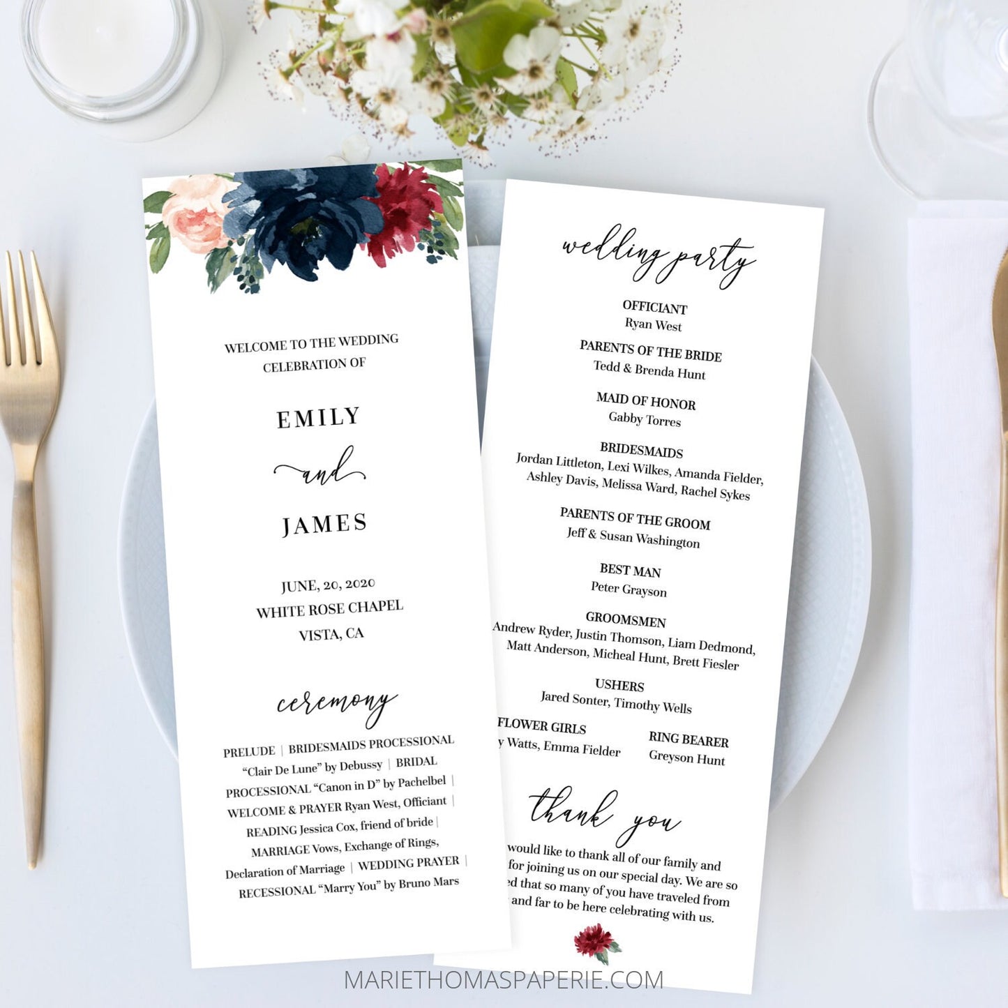 Editable Wedding Program Wedding Ceremony Program Burgundy & Navy Floral Template