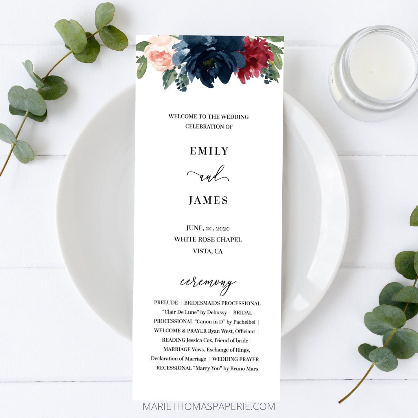 Editable Wedding Program Wedding Ceremony Program Burgundy & Navy Floral Template