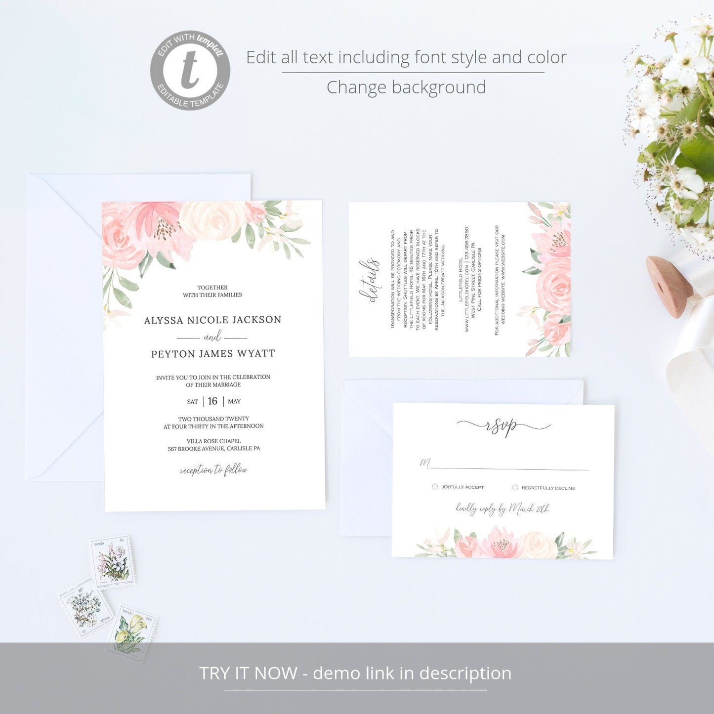 Editable Wedding Invitation Pink Blush Floral Wedding Invitation Set Wedding Suite Template