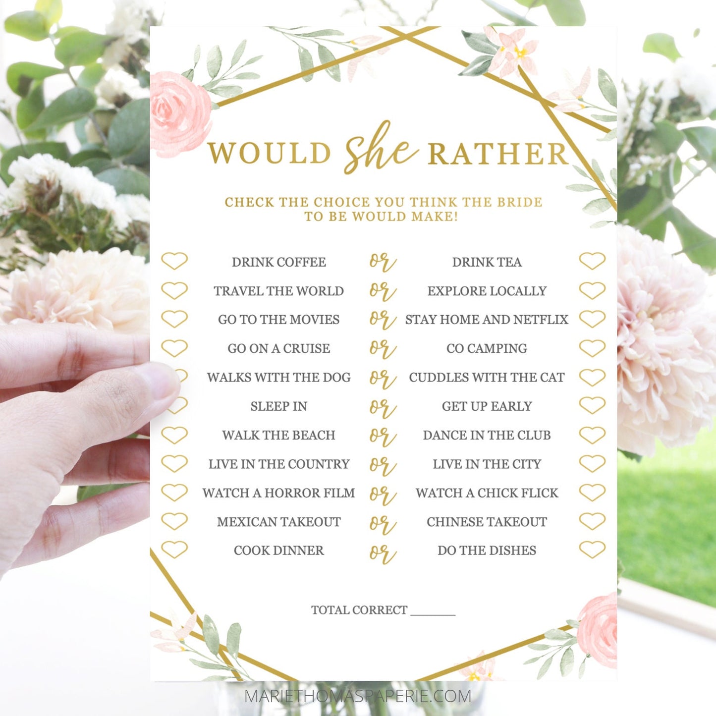 Editable Would She Rather Bridal Shower Games Wedding Games Blush and Gold Template