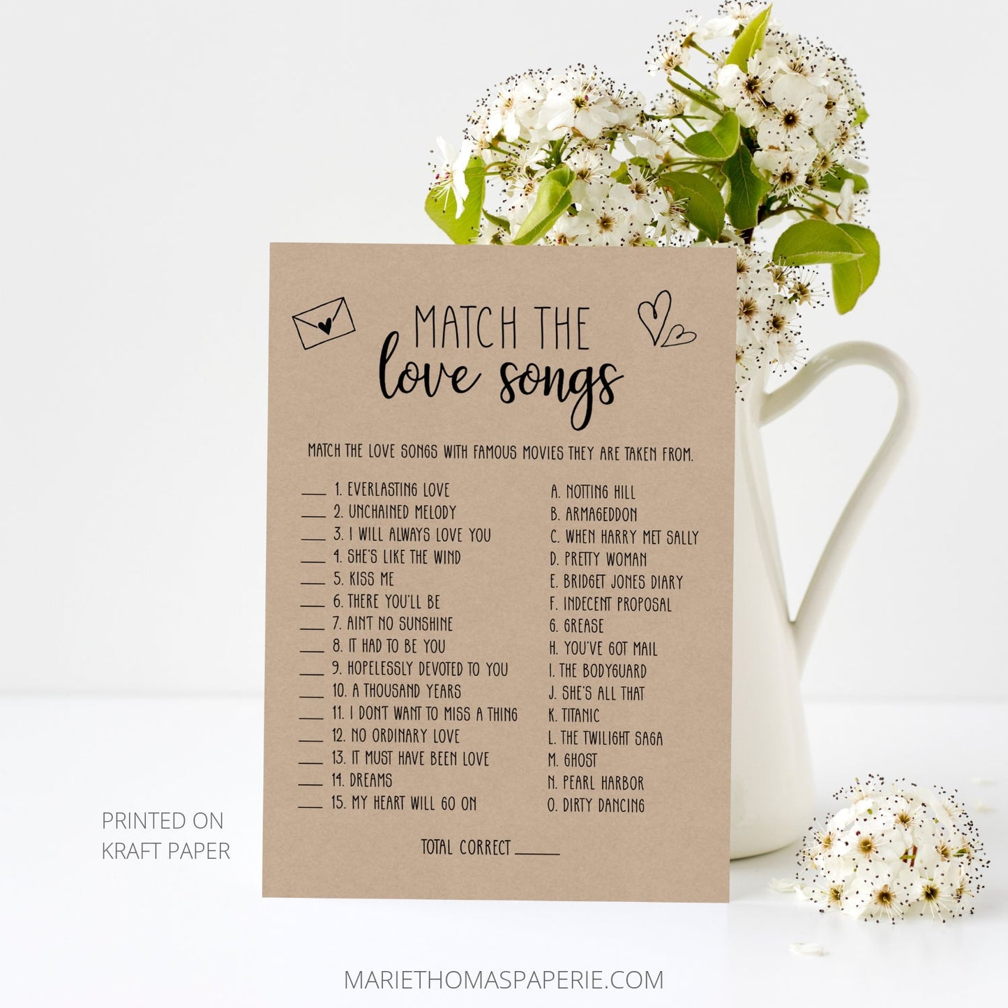 Editable Match the Love Songs Bridal Shower Games Rustic Kraft Paper Template
