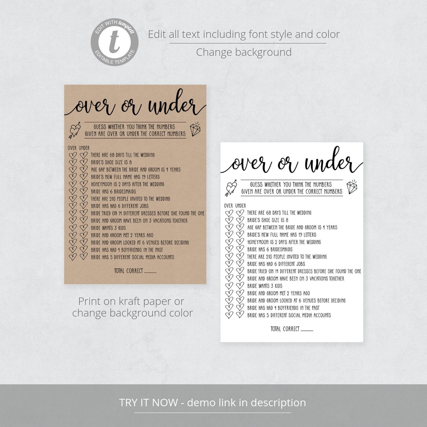 Editable Over or Under Game Bridal Shower Games Rustic Kraft Paper & Black and White Template