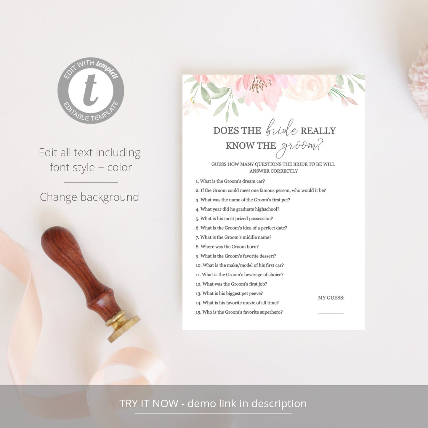 Editable Does the Bride Really Know the Groom Bridal Shower Games Bridal Game Blush Pink Template