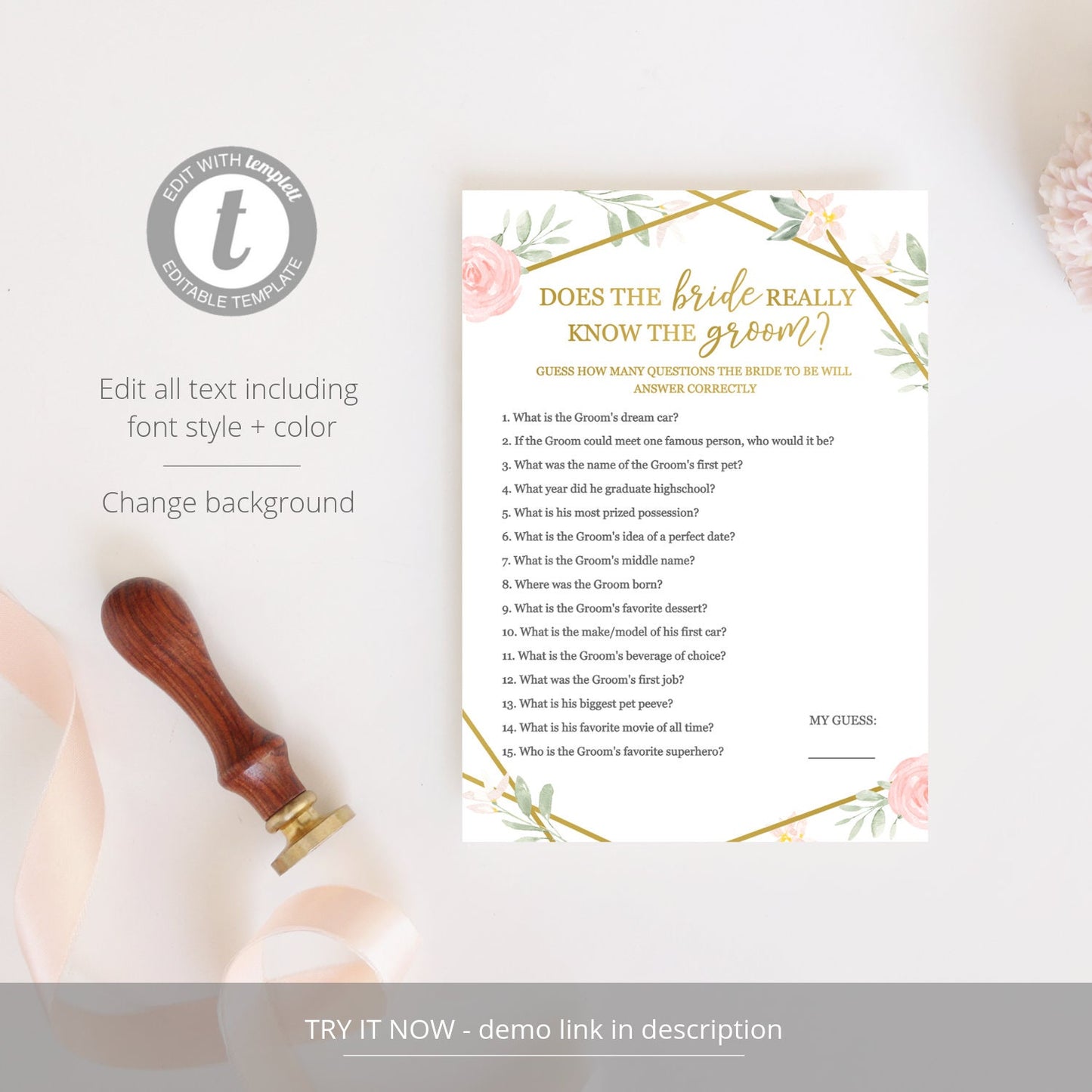 Editable Does the Bride Really Know the Groom Bridal Shower Games Wedding Games Geometric Template