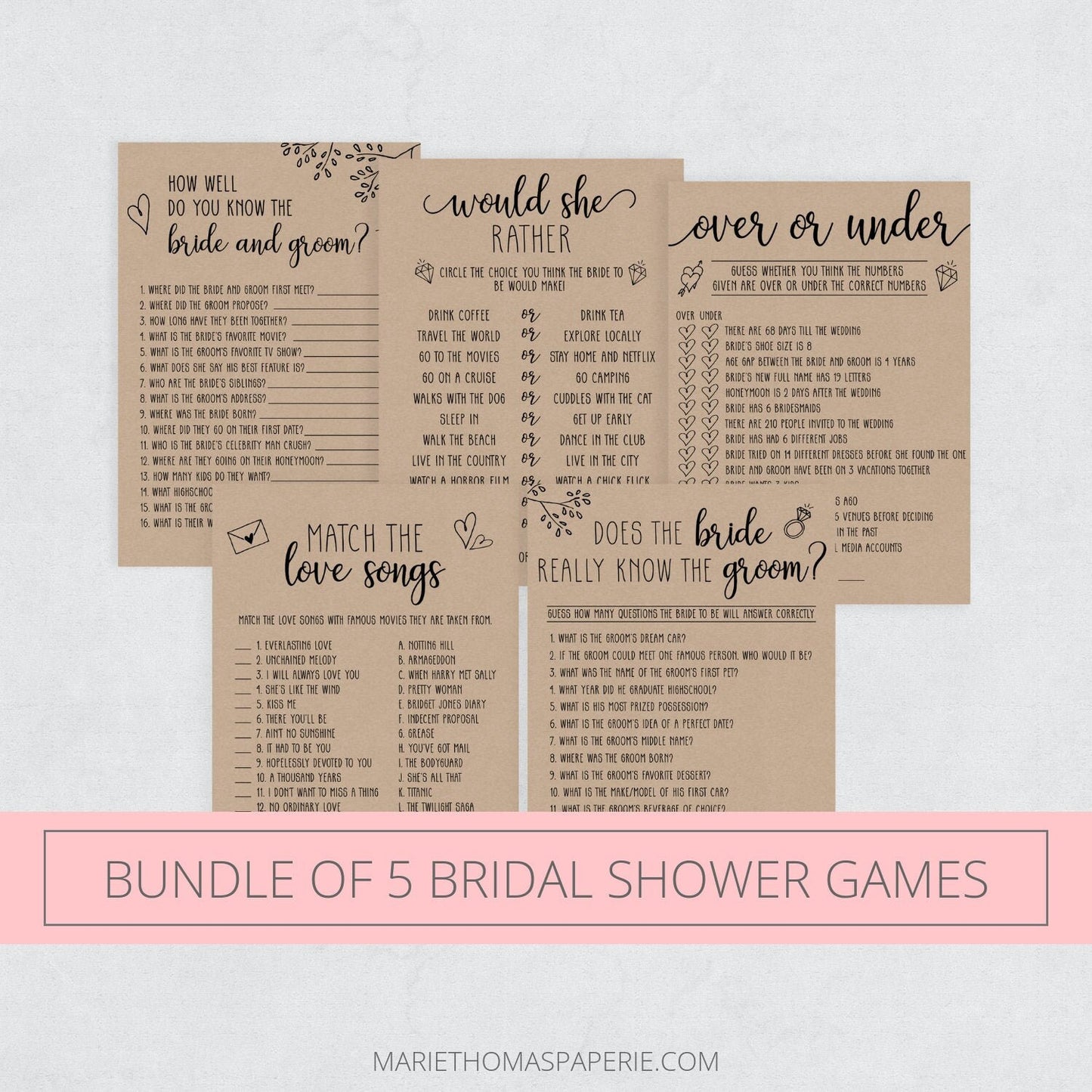 Editable Bridal Shower Games Bundle Bridal Shower Games Bundle of 5 Games Rustic Template