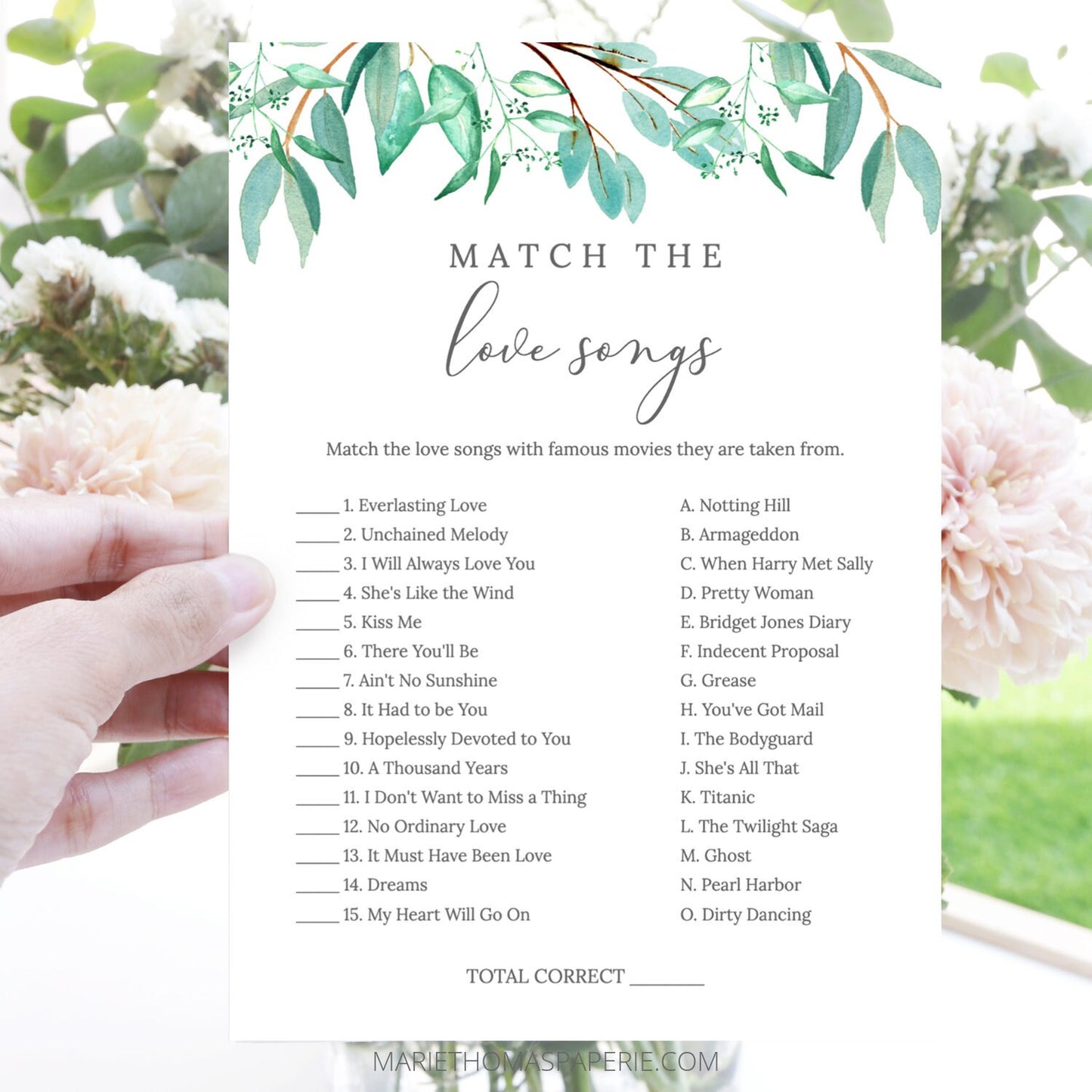 Editable Match the Love Songs Bridal Shower Games Wedding Games Bridal Game Template