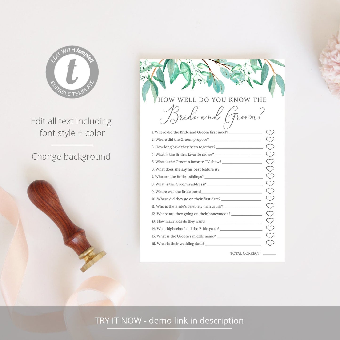 Editable How Well Do You Know the Bride and Groom Bridal Shower Games Wedding Games Greenery Template