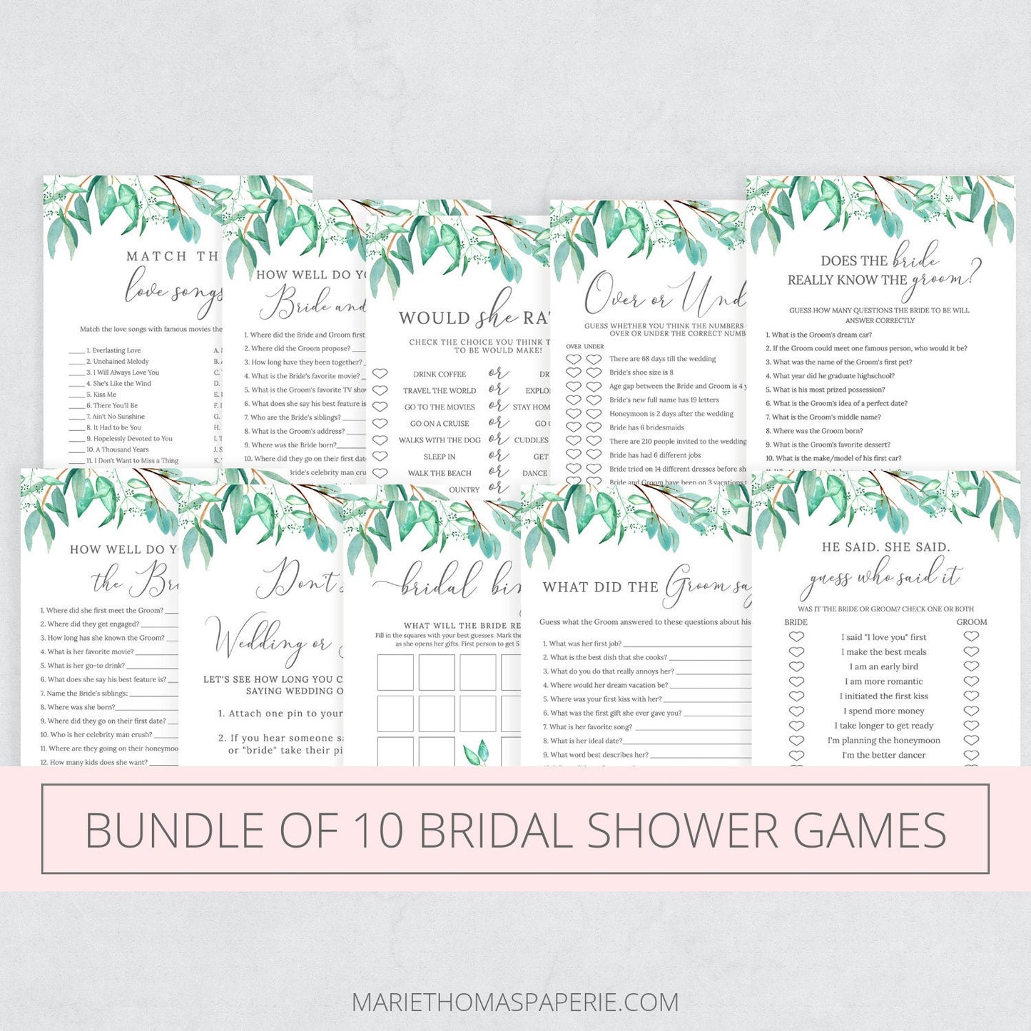 Editable Bridal Shower Games Bundle Bridal Shower Games Bundle of 10 Greenery Template