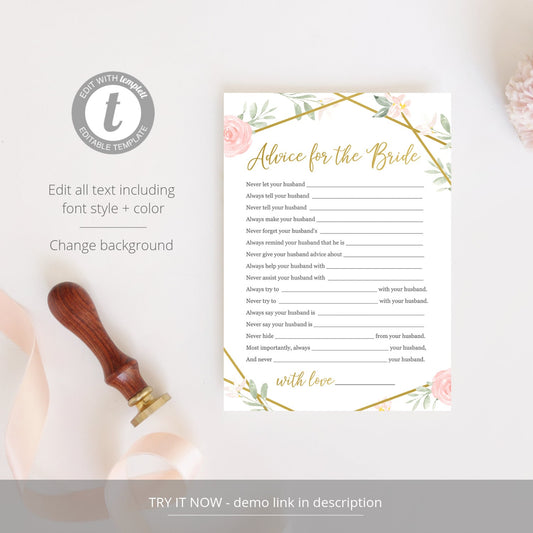 Editable Bridal Shower Games Wedding Advice Cards Advice for the Bride Geometric Template
