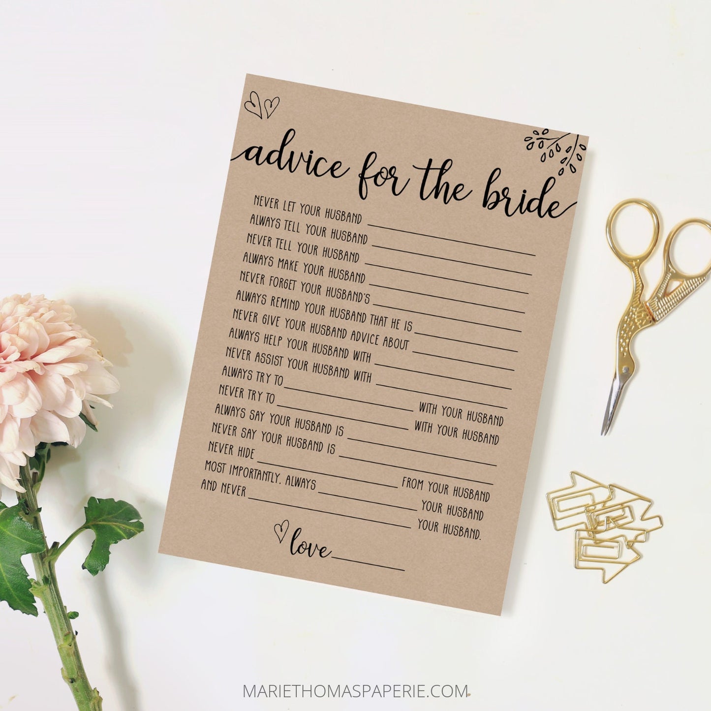 Editable Advice for the Bride Bridal Shower Games Rustic Kraft Paper & Black and White Template