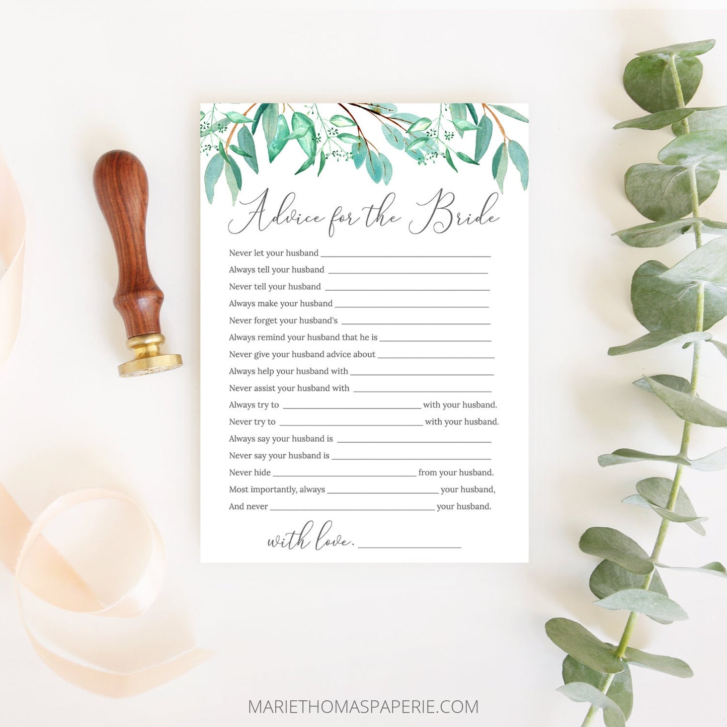 Editable Bridal Shower Games Wedding Advice Cards Advice for the Bride Greenery Template