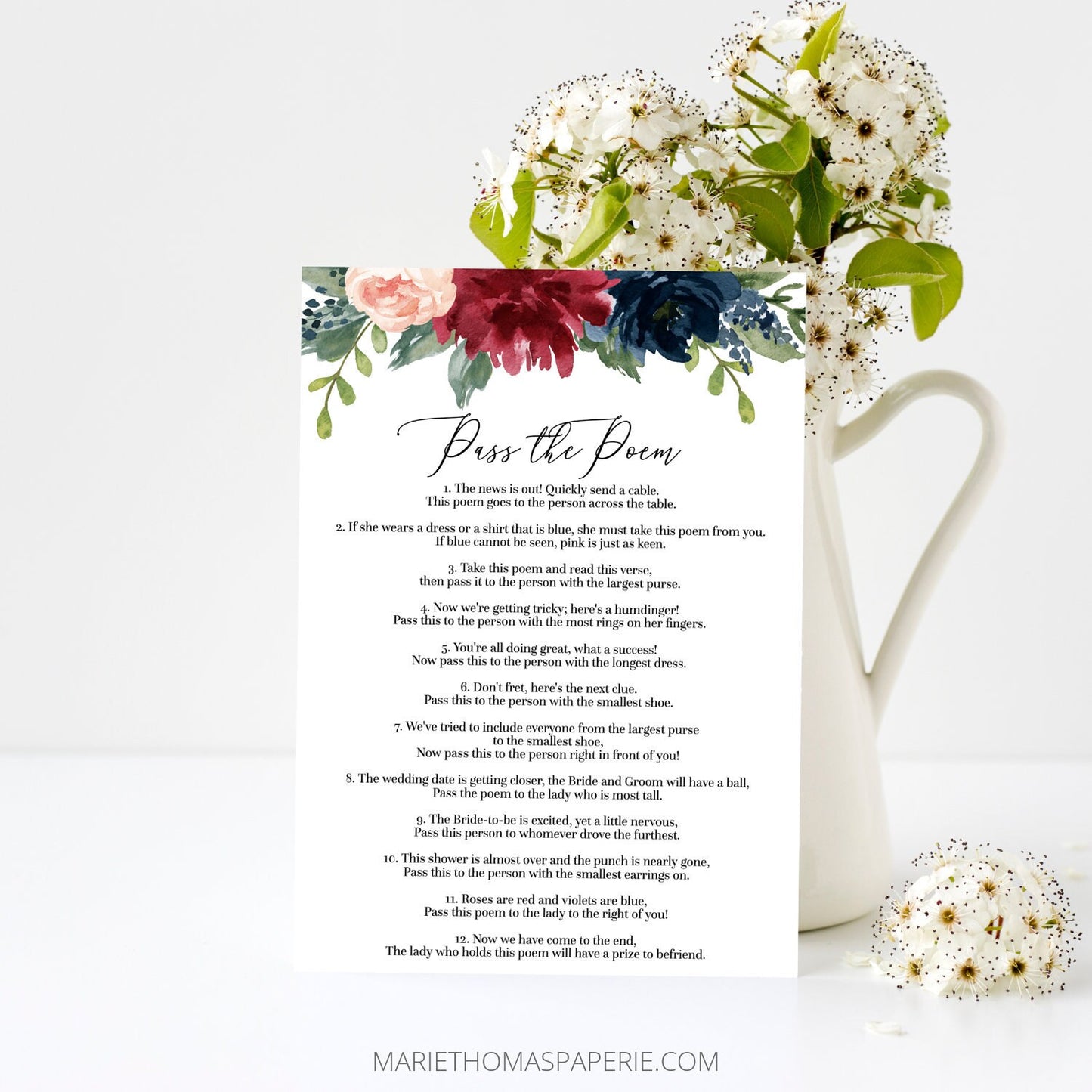 Editable Pass the Poem Bridal Shower Games Burgundy Floral Bridal Poem Game Template