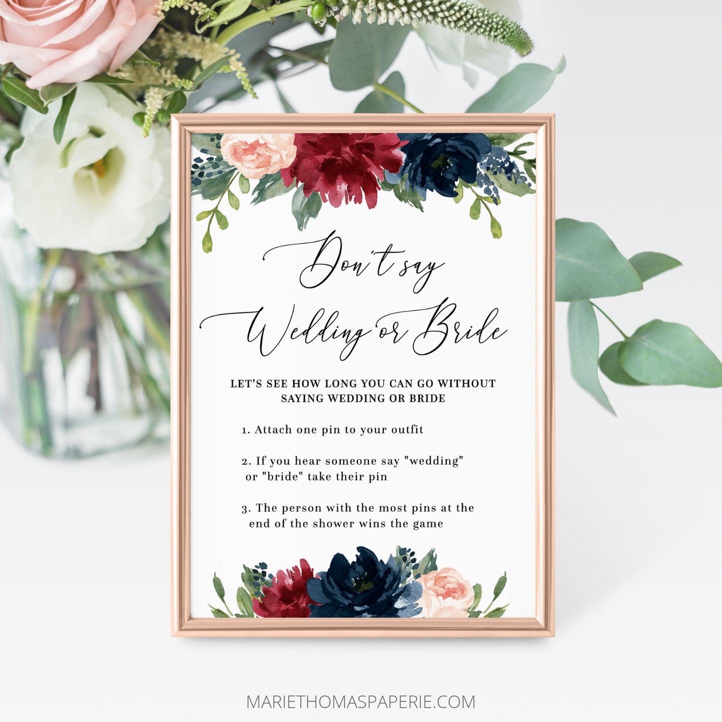 Editable Don't Say Wedding or Bride Clothespin Game Bridal Shower Games Burgundy Floral Template