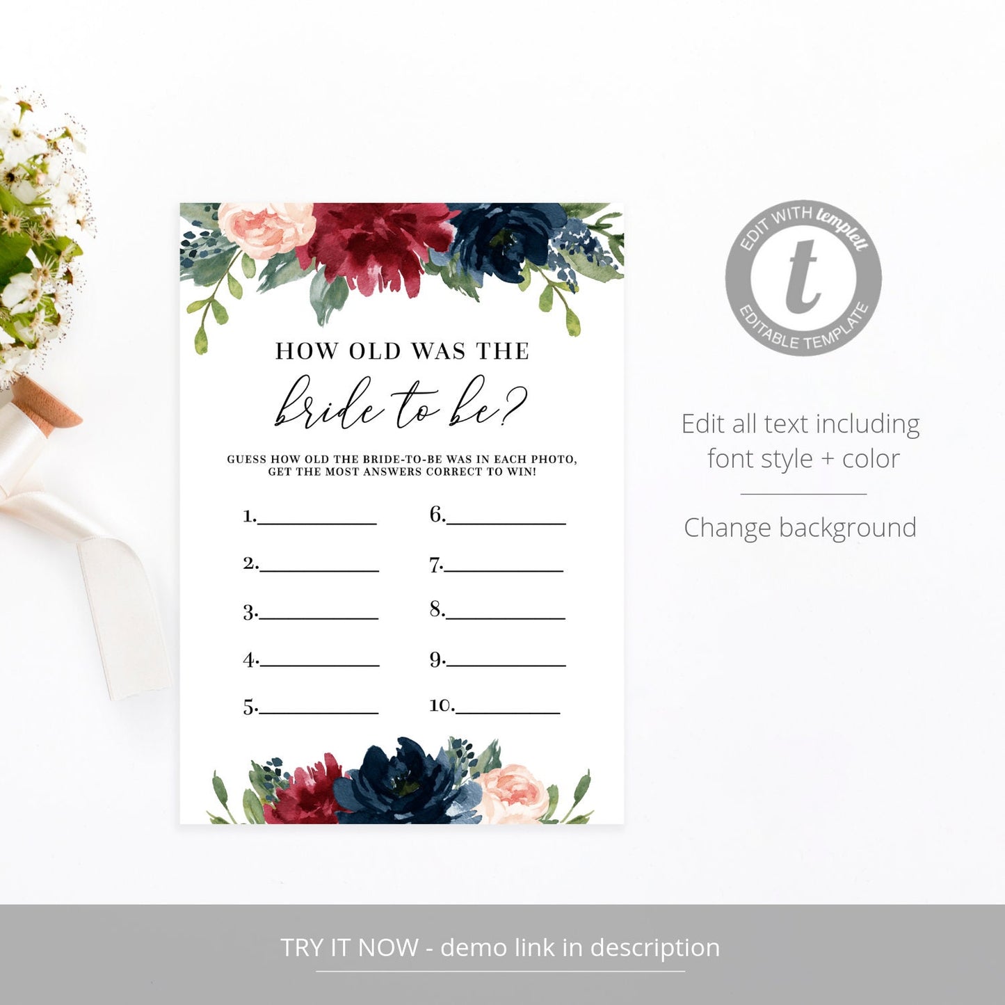 Editable How Old Was the Bride Bridal Shower Games Guess the Age of the Bride Burgundy Template