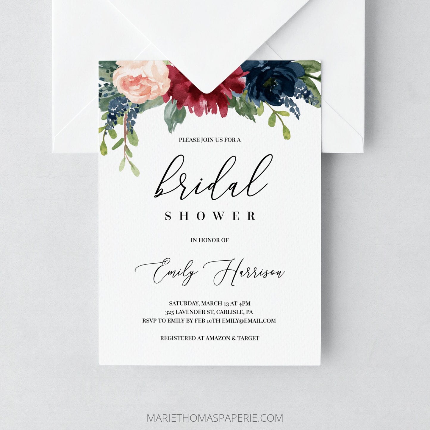 Editable Bridal Shower Invitation Burgundy & Navy Floral Bridal Shower Invite Template