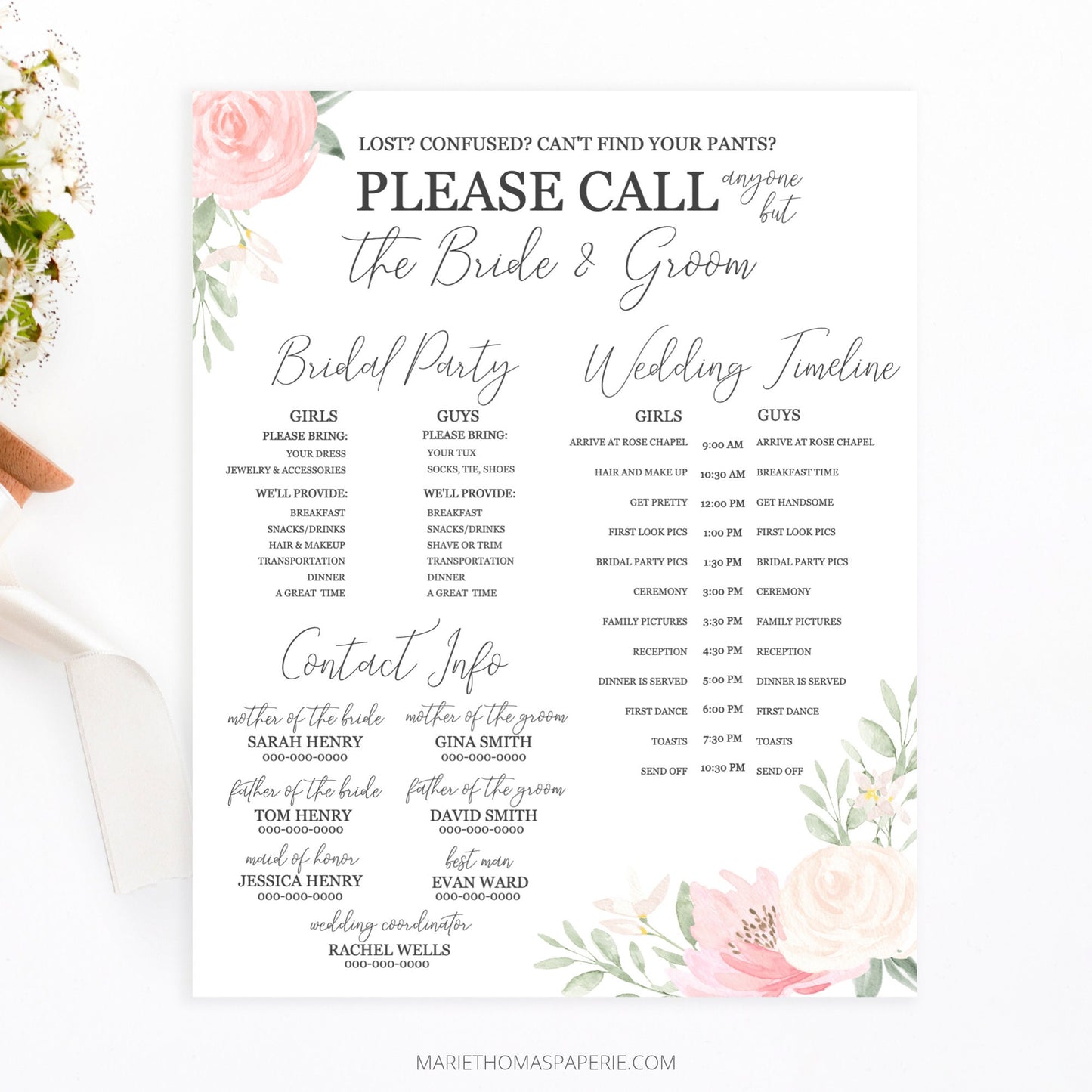 Editable Wedding Timeline Wedding Itinerary Wedding Day Timeline Blush Pink Floral Template