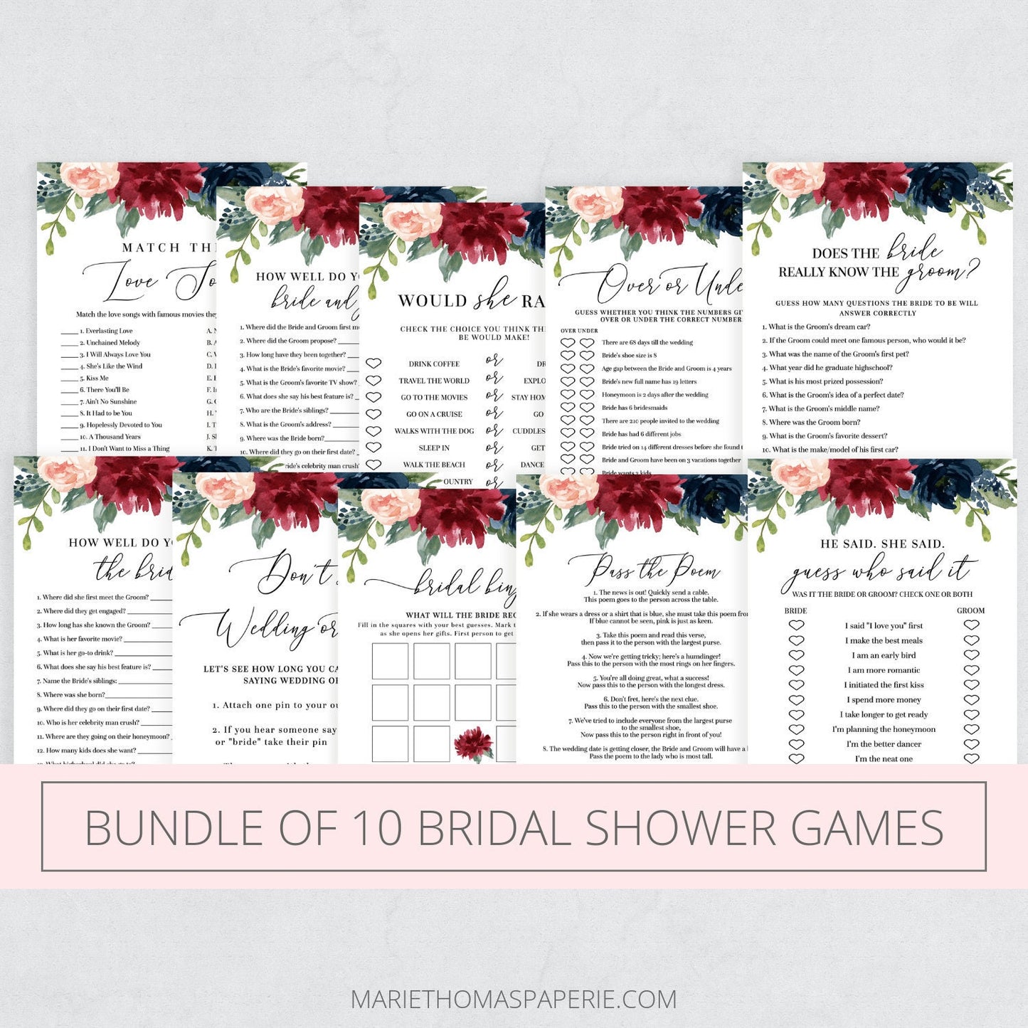 Editable Bridal Shower Games Bundle of 10 Floral Burgundy Template